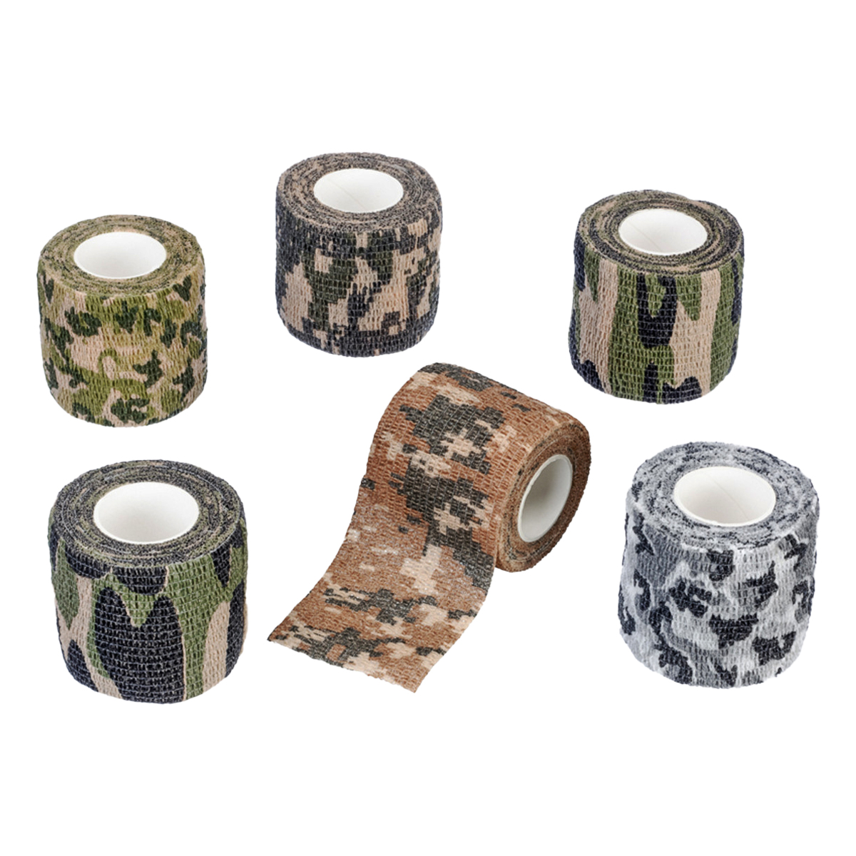  Assorted Camouflage Adhesive-Free Wraps, 6-Piece Set, Each Measuring 2 inches by 15 feet