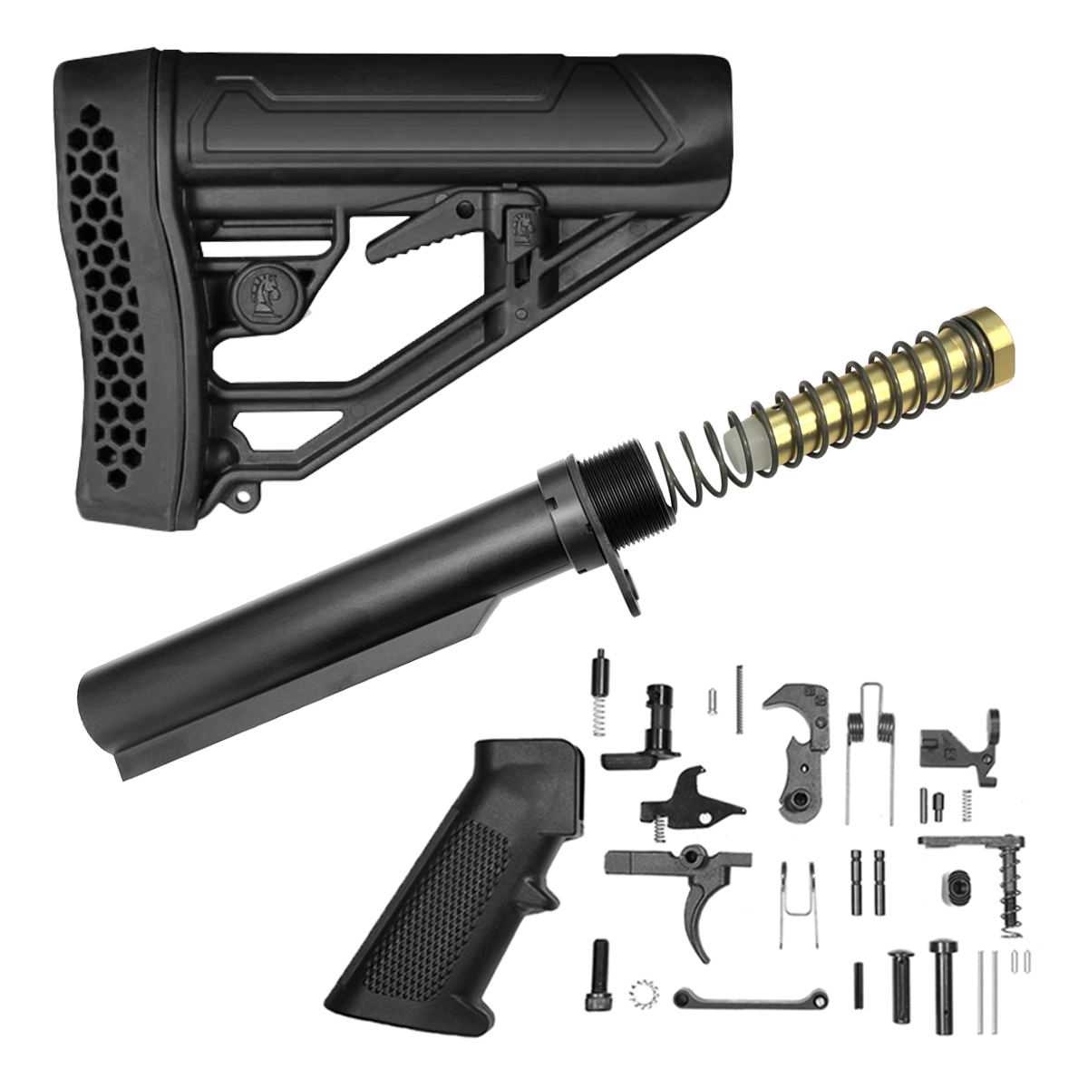 Finish Your Lower Kit (Carbine): EX Performance Adjustable Stock + AR-15 Carbine Buffer Tube Kit + Complete Lower Parts Kit