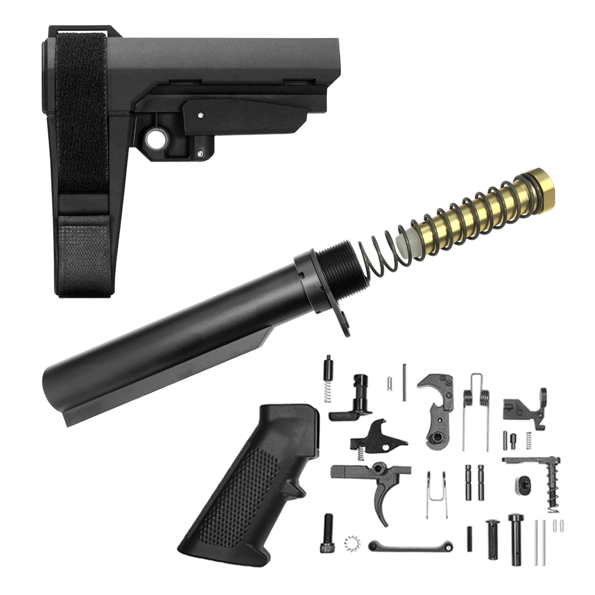 Finish Your Lower Kit (Carbine): SBA3 Adjustable Stabilizing Brace + AR-15 Carbine Buffer Tube Kit + Complete Lower Parts Kit