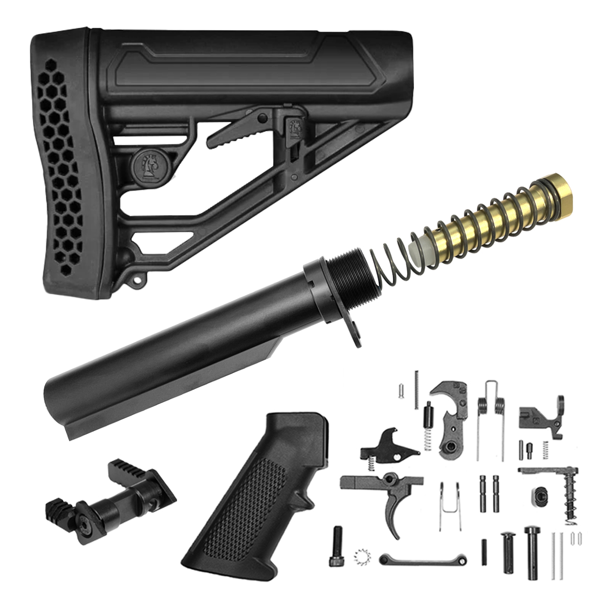 Finish Your Lower Kit (Carbine): Ambidextrous Safety Selector + EX Performance Adjustable Stock + AR-15 Carbine Buffer Tube Kit + Complete Lower Parts Kit