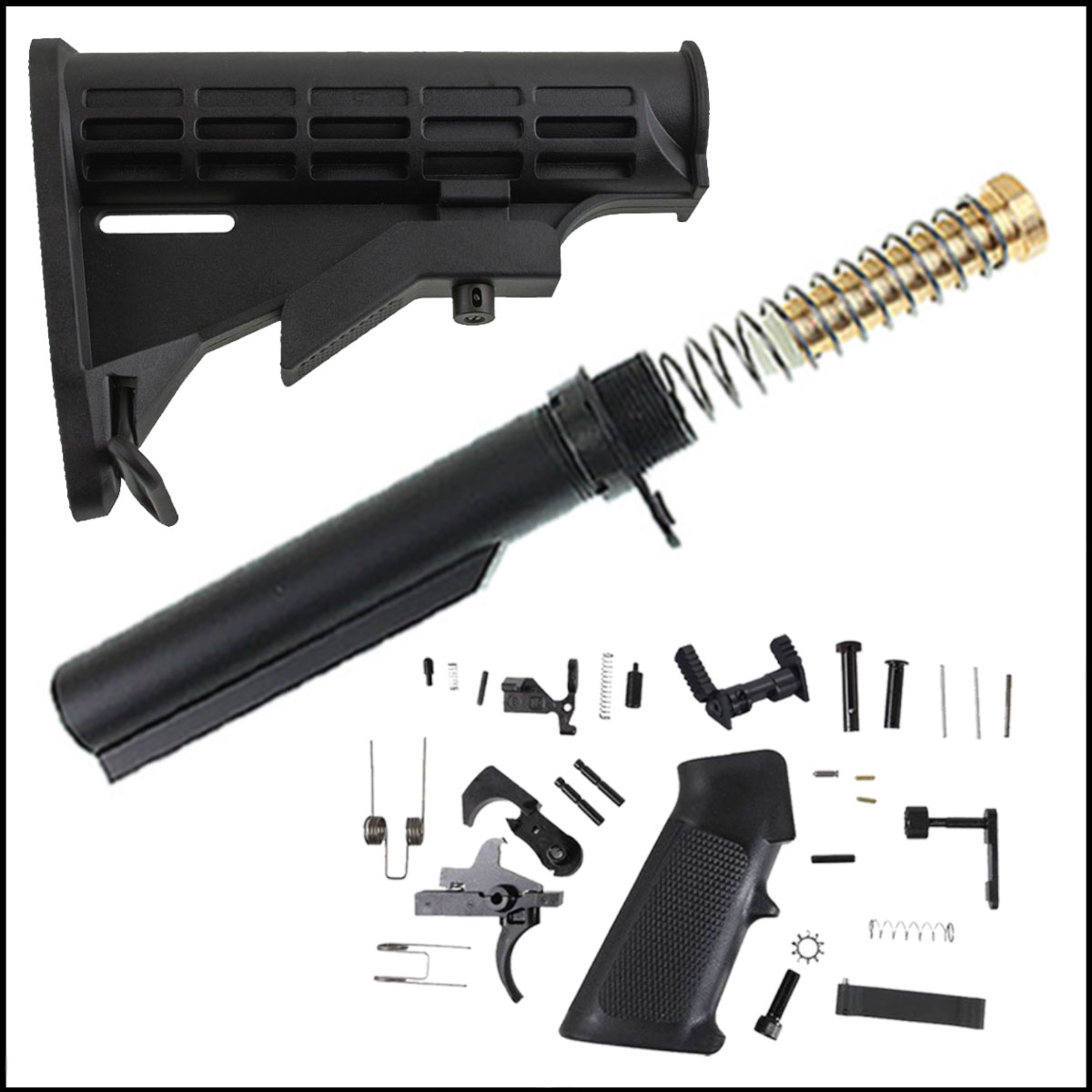 Finish Your Lower Kit: JE Machine AR15 LPK w/ Ambi Safety Selector  + Recoil Technologies Buffer Kit + MMC Armory AR-15 Carbine Mil-Spec Buttstock