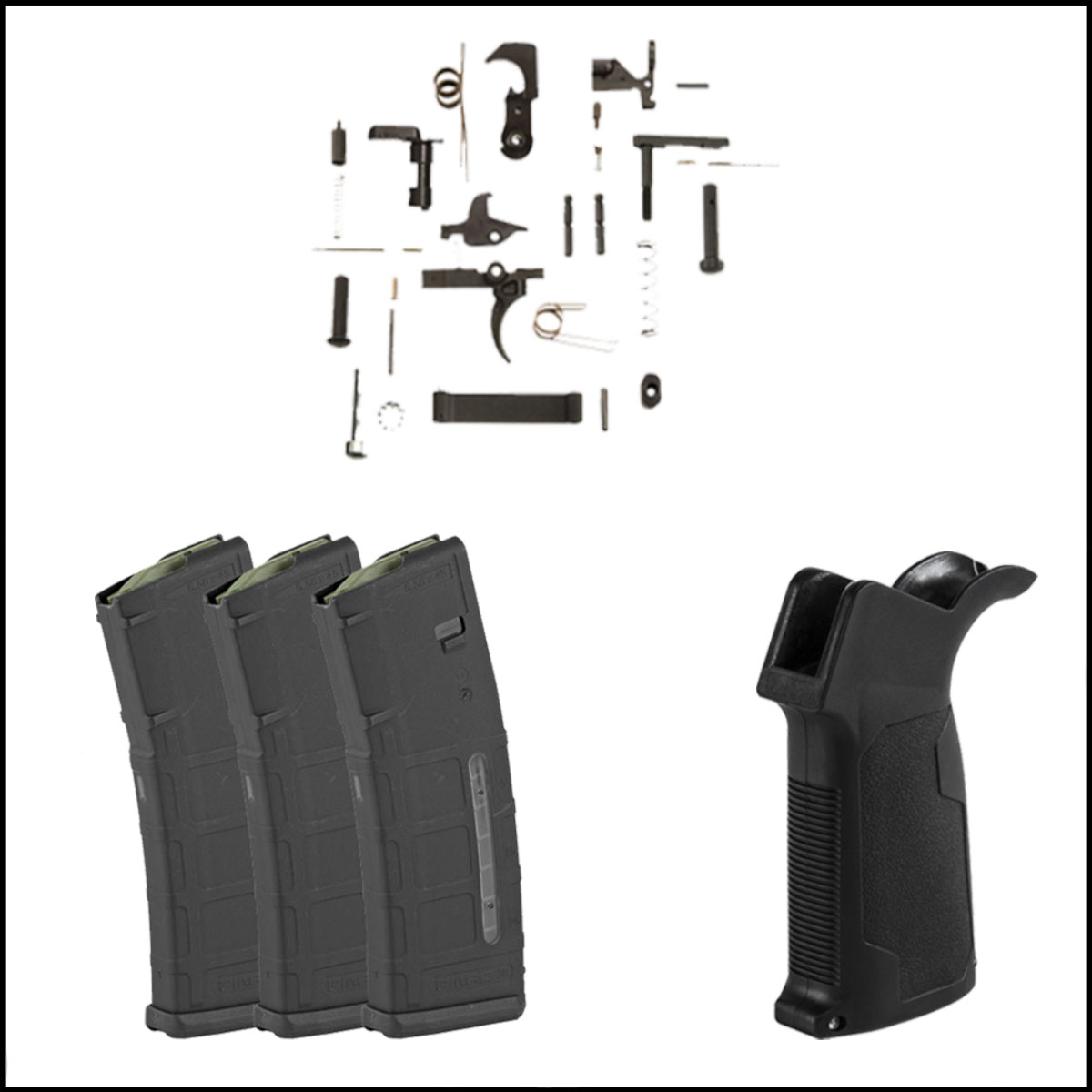 Stocking Stuffer Lower Starting Kits: Magpul Magazine, M2 With Window, 223 Rem/556NATO, 30Rd, 3 - Pack + Recoil Technologies AR-15 Lower Parts Kit + VISM AR-15 M4 Polymer Pistol Grip With Bottom Storage Compartment