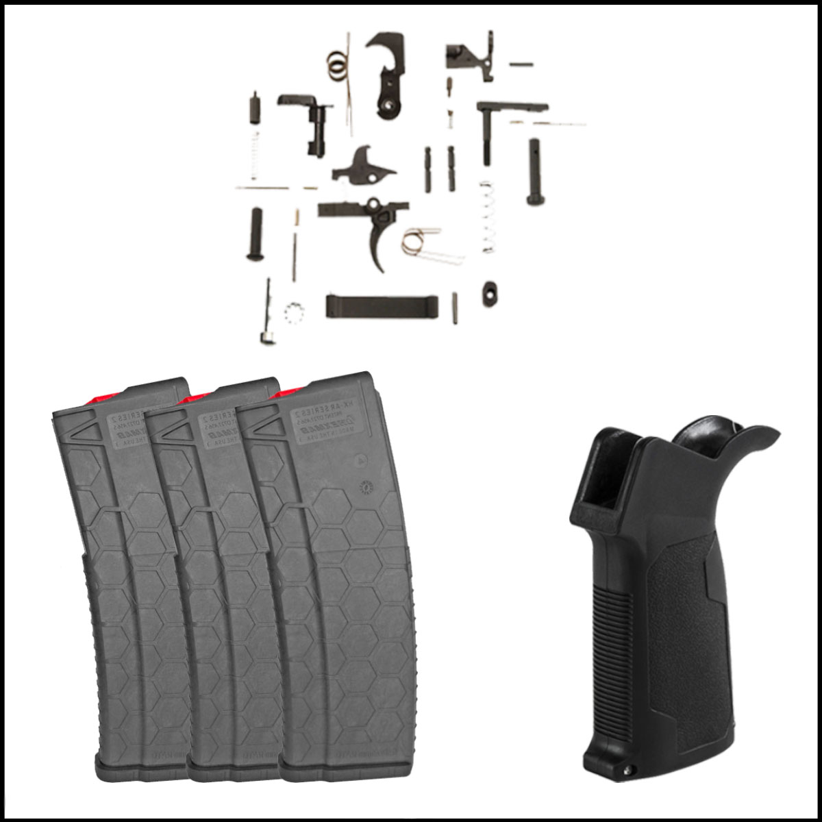 Stocking Stuffer Lower Starting Kits: SENTRY Dark Grey Finish, Red Follower and Latch Plate, 3-Pack + Recoil Technologies AR-15 Lower Parts Kit + VISM AR-15 M4 Polymer Pistol Grip W/ Bottom Storage Compartment