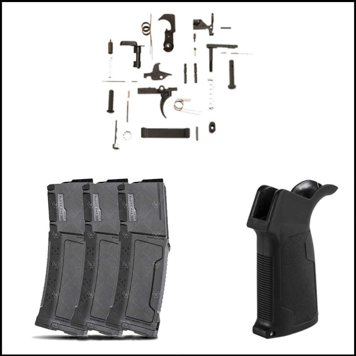 Stocking Stuffer Lower Starting Kits: Strike Industries AR-15 Magazine + Recoil Technologies AR-15 Lower Parts Kit + VISM AR-15  Pistol Grip With Bottom Storage Compartment