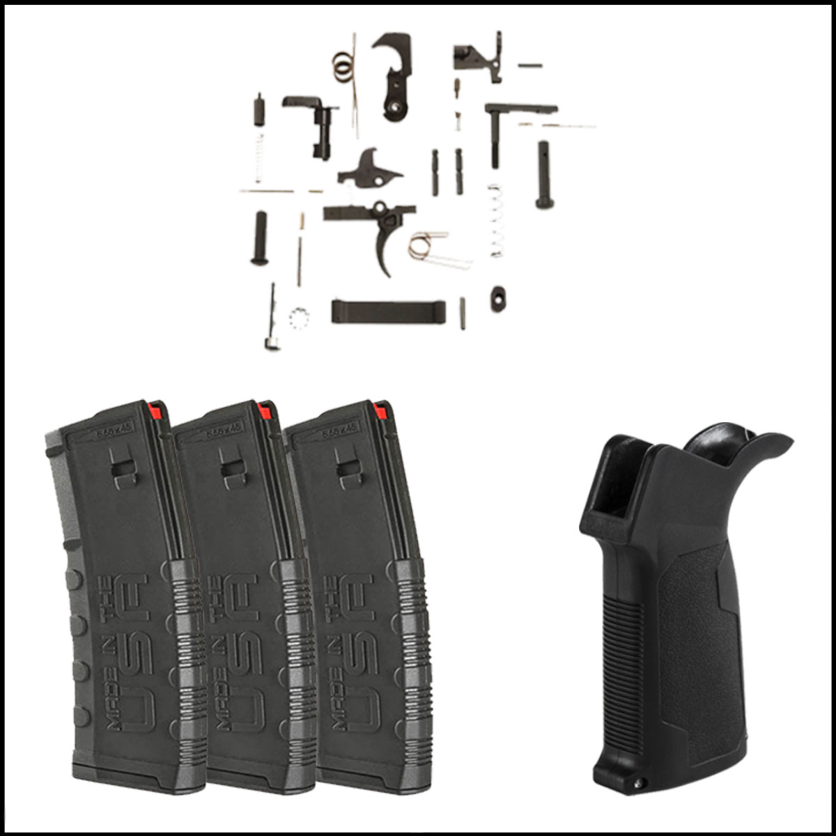Lower Starting Kits: Amend2 AR-15 30Rd, 3-Pack + Recoil Technologies AR-15 Lower Parts Kit + VISM AR-15 Pistol Grip W/ Bottom Storage Compartment