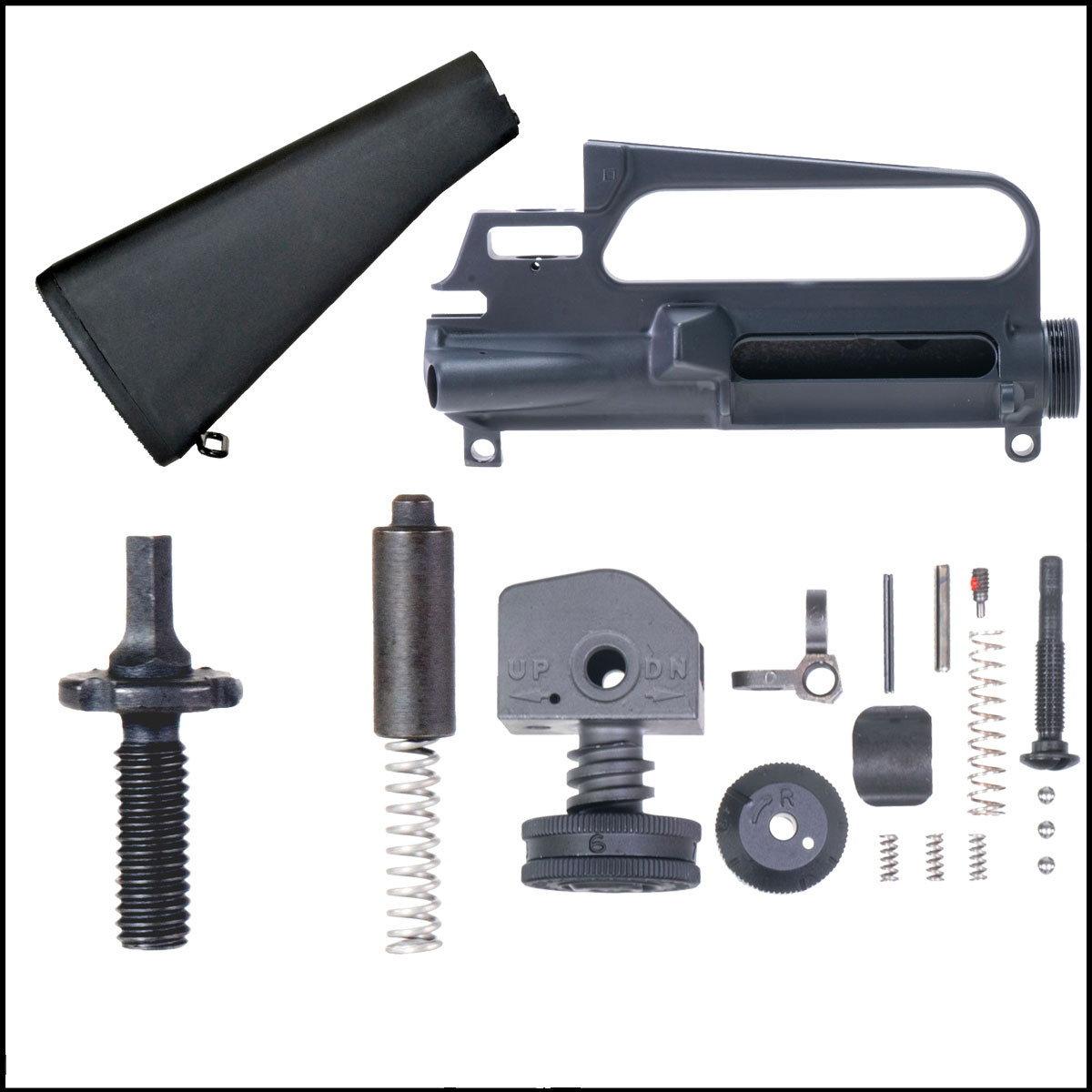 A2 Starter Kit: Gauntlet Arms A2 Front Sight Post Kit, USA Made, Steel  + Luth-AR LUTH-AR A2 Rear Sight Assembly/Kit  + Omega Manufacturing A2 Style AR Fixed Stock  + Davidson Defense A2 Upper Receiver