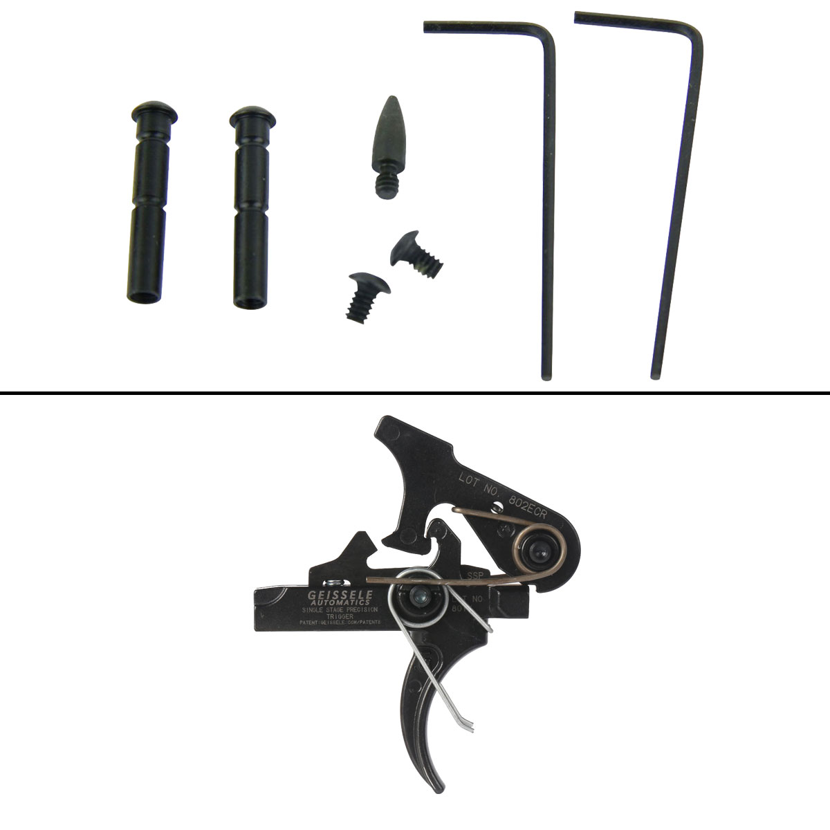 Trigger Upgrade Kit: Recoil Technologies Anti-Walk AR-15 M16 Receiver Pins Black + Geissele Automatics Single-Stage Precision (SSP) M4 Curved Bow Trigger
