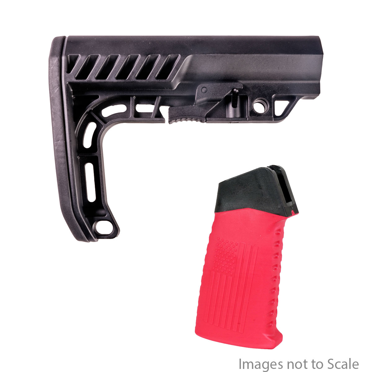 Furniture Upgrade Kit: Team Accessories Corp AR15 Grip Window Grip Straight Top Flag/Ribbed Red  + Gauntlet Arms Minimalist AR-15 Stock