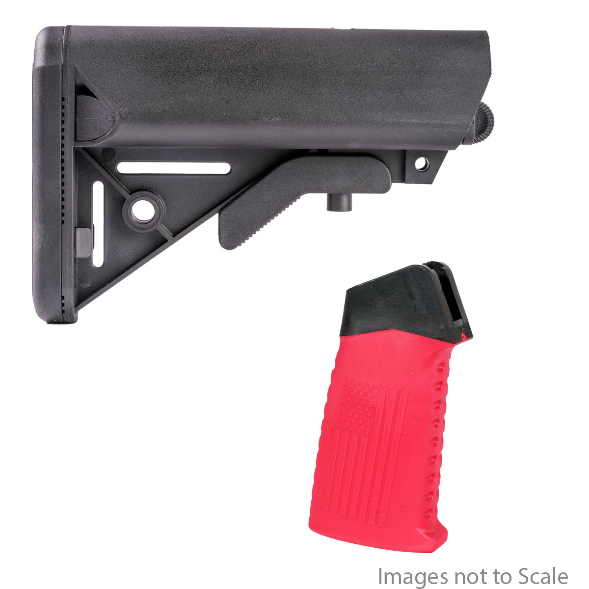 Furniture Upgrade Kit: Team Accessories Corp AR15 Grip Window Grip Straight Top Flag/Ribbed Red  + Gauntlet Arms SOPMOD Style Collapsible Stock with Storage Compartments