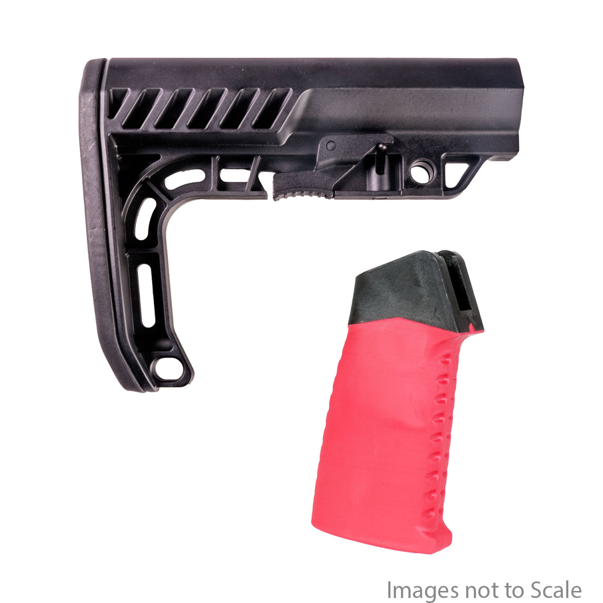 Furniture Upgrade Kit: Team Accessories Corp AR15 Grip Window Grip Straight Top Smooth/Ribbed Red  + Gauntlet Arms Minimalist AR-15 Stock 