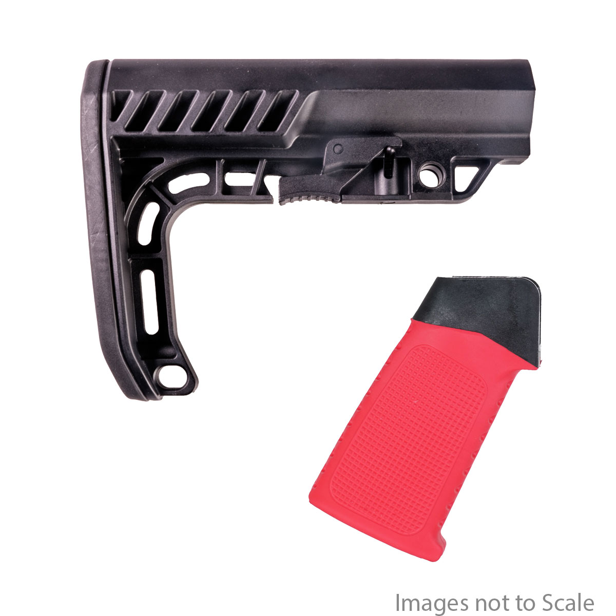 Furniture Upgrade Kit: Team Accessories Corp AR15 Grip Window Grip Straight Top Textured/Ribbed Red  + Gauntlet Arms Minimalist AR-15 Stock
