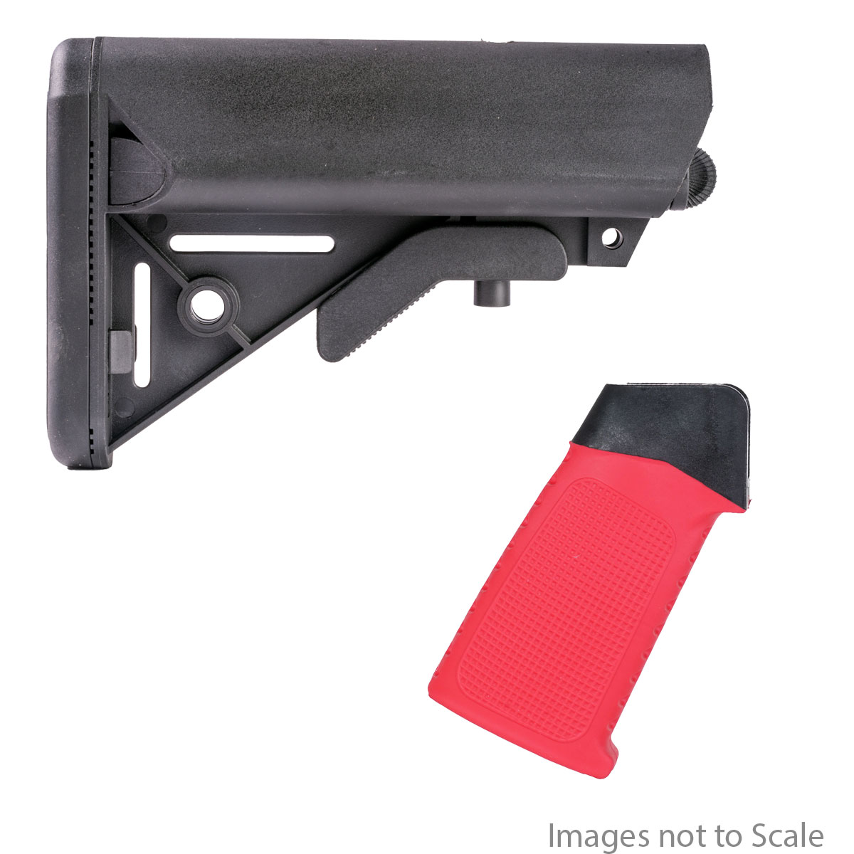 Furniture Upgrade Kit: Team Accessories Corp AR15 Grip Window Grip Straight Top Textured/Ribbed Red  + Gauntlet Arms SOPMOD Style Collapsible Stock with Storage Compartments