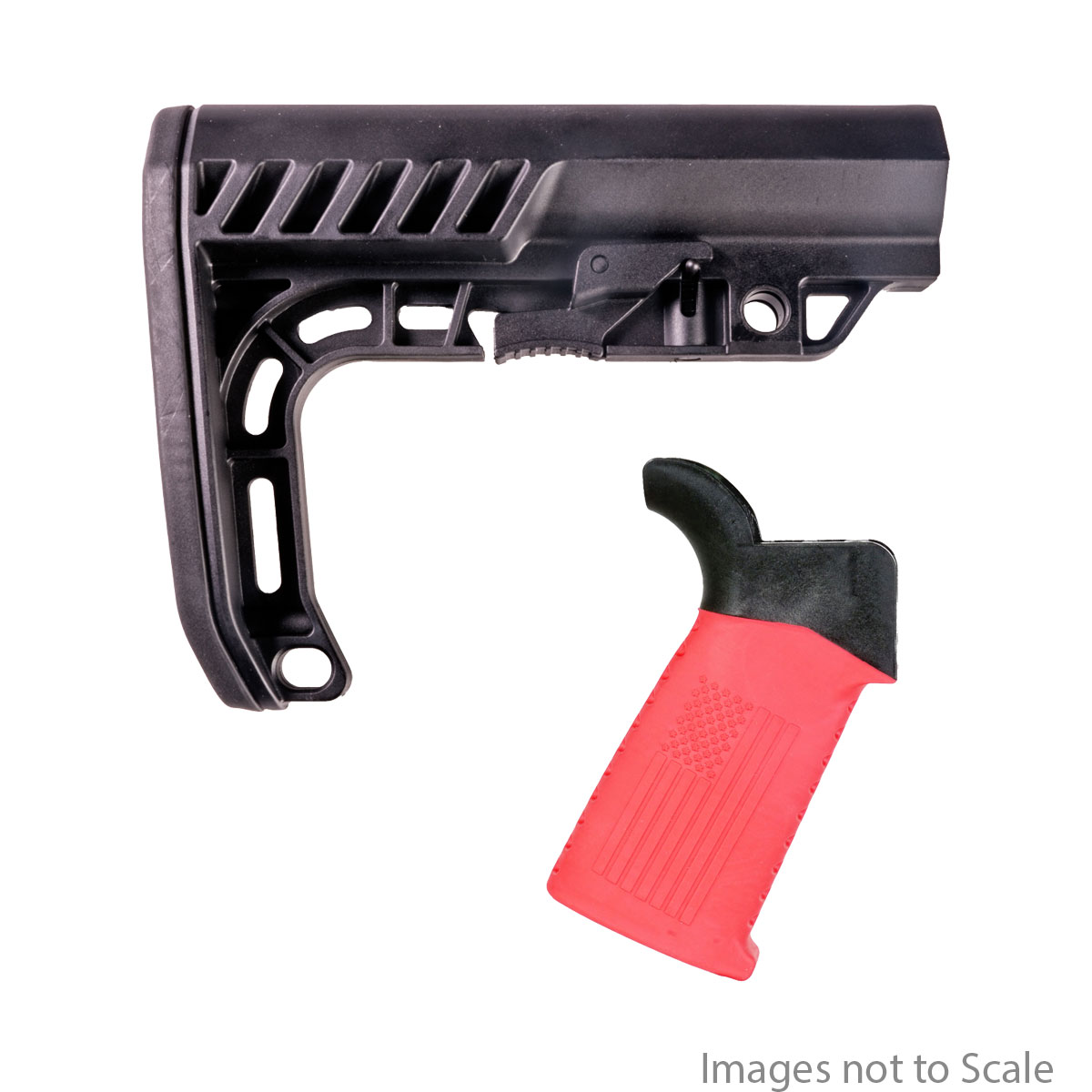 Furniture Upgrade Kit: Team Accessories Corp AR15 Grip Window Grip Flared  Flag/Ribbed Red  + Gauntlet Arms Minimalist AR-15 Stock