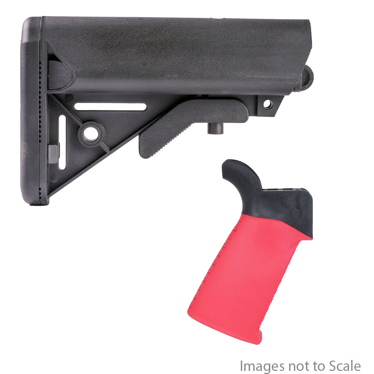 Furniture Upgrade Kit: Team Accessories Corp AR15 Grip Window Grip Flared Smooth/Ribbed Red + Gauntlet Arms SOPMOD Style Collapsible Stock with Storage Compartments