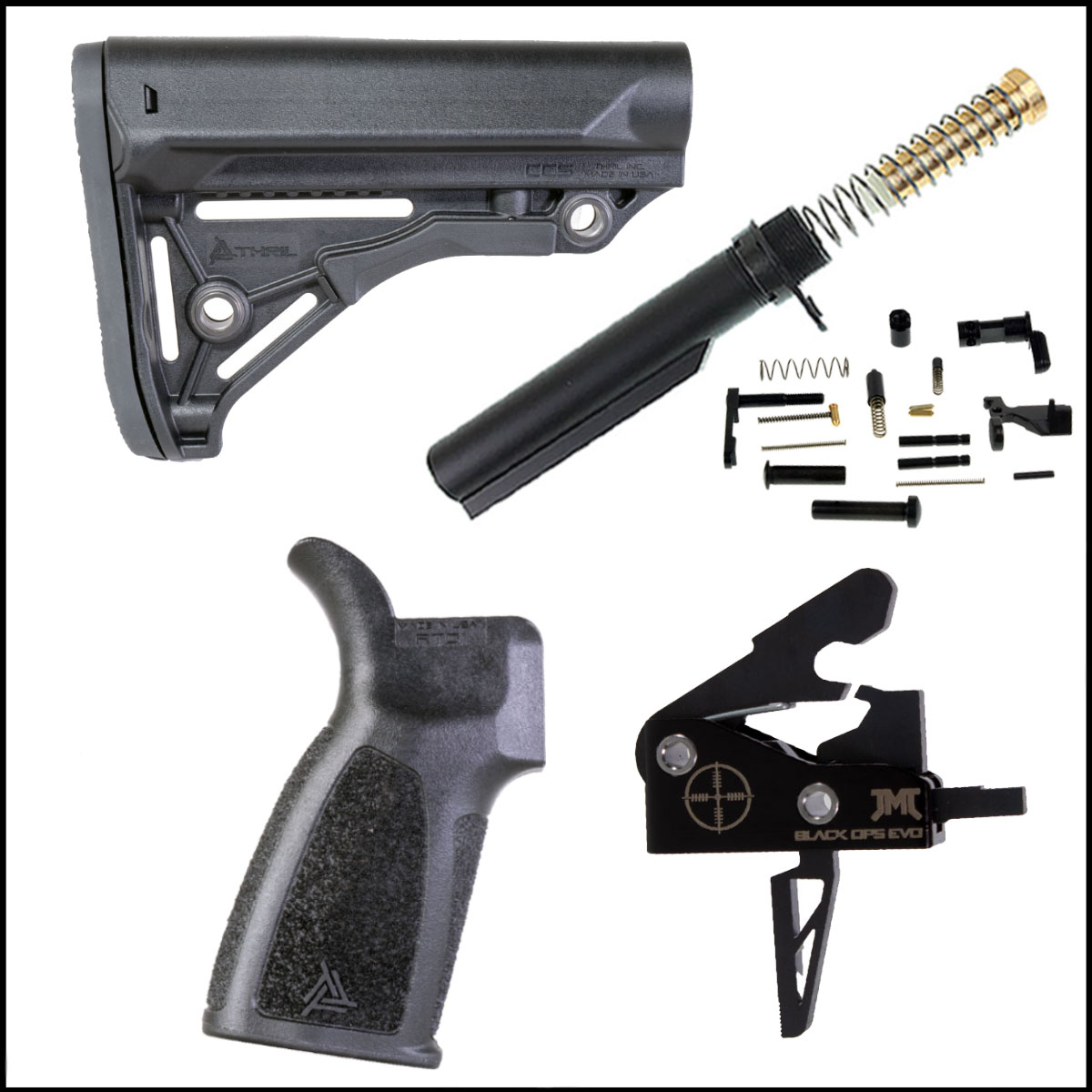 Finish Your Lower Kit: THRIL Combat Stock Tactical Grip + Mil-Spec Buffer Tube + AR-15 Carbine Recoil Spring + Mil-Spec Receiver End Plate +  AR-15 Carbine Recoil Buffer +Tactical Grip + CMMG Lower Parts Kit + James Madison Drop-In Trigger