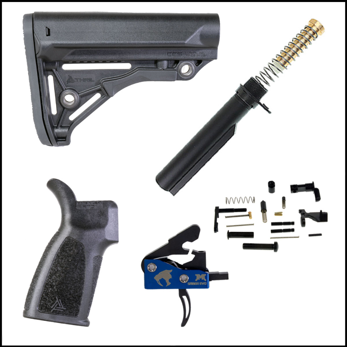 Finish Your Lower Kit: THRIL Combat Competition Stock + Mil-Spec Buffer Tube + Recoil Spring + End Plate + Carbine Recoil Buffer + Thril Rugged Tactical Grip + Lower Parts Kit + Tactical Saber Single Stage Drop in Trigger