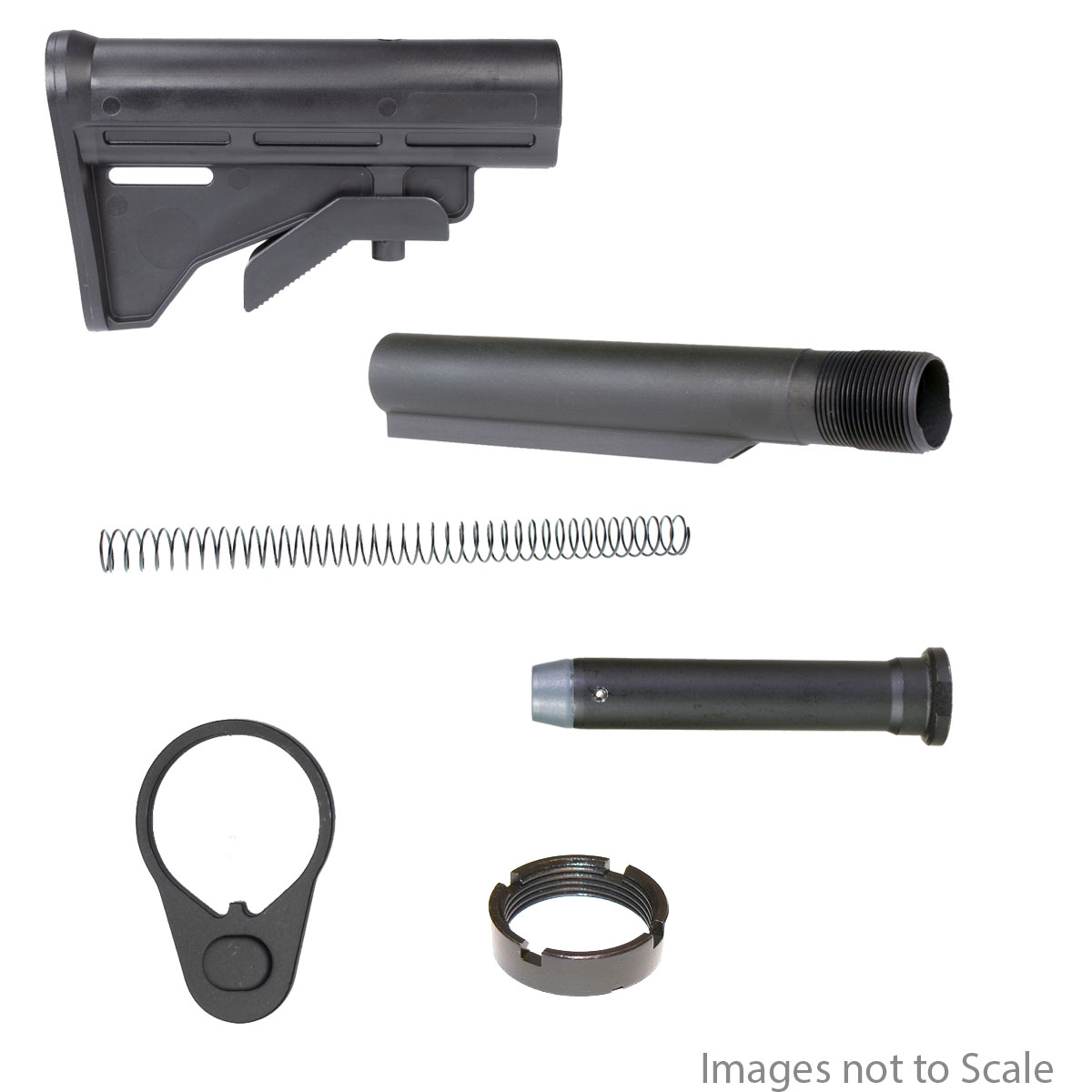 Buffer Tube Kit: KAK Industry 9 Position A5 Length + Team Accessories Corp AR Butt Stock M4 Style + KAK Industry A5 Long Carbine H1 M16 Buffer + Omega Mfg. AR-15 A2 Rifle Spring  + US Tactical Mil-Spec Receiver End Plate