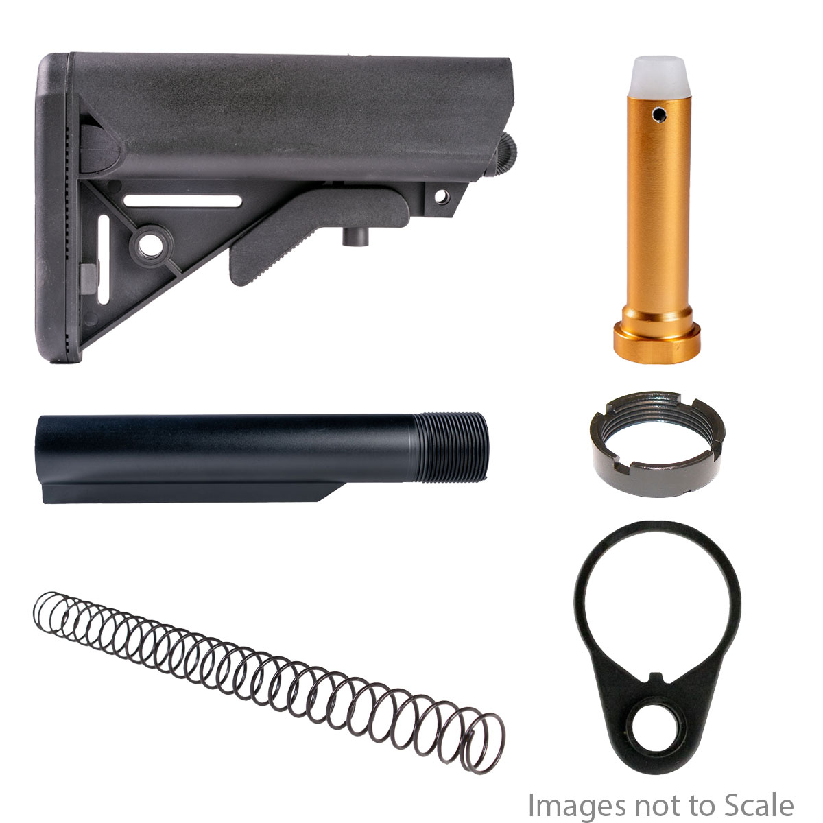 Buffer Tube Kits: Recoil Technologies End + Mil-Spec Heavy-Duty 6-Position Buffer Tube + KAK Industry LR-308 Carbine Recoil Spring + Omega Mfg. LR-308 Collapsible Stock Buffer + AR-15 Carbine Castle Nut + Gauntlet Arms Collapsible Stock 