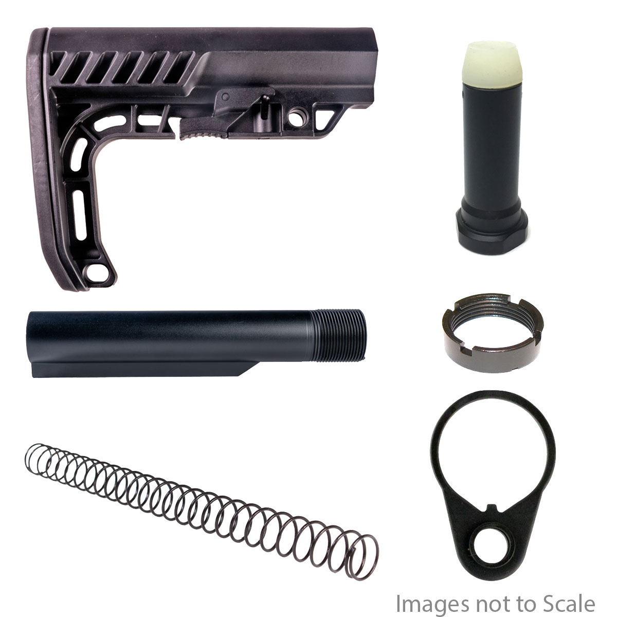Buffer Tube Kits: End Plate + Mil-Spec Heavy-Duty 6-Position Buffer Tube + KAK Industry LR-308 Carbine Recoil Spring for Collapsible Stock + Omega Mfg. LR-308 Collapsible Stock Buffer + AR-15 Carbine Castle Nut + Gauntlet Arms Minimalist AR-15 Stock