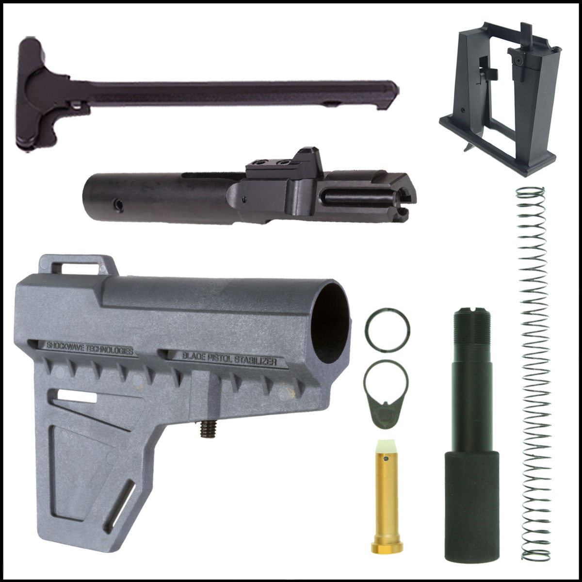Stock + Buffer Tube Combo: KAK Industry KAK Blade - Grey  + Omega Mfg. Heavy Duty Pistol Buffer Kit+ United Defense 9mm (9x19) BCG + Recoil Technologies AR-15 Mil-Spec Charging Handle  + Sylvan Arms AR-15 9mm Magwell Adapter