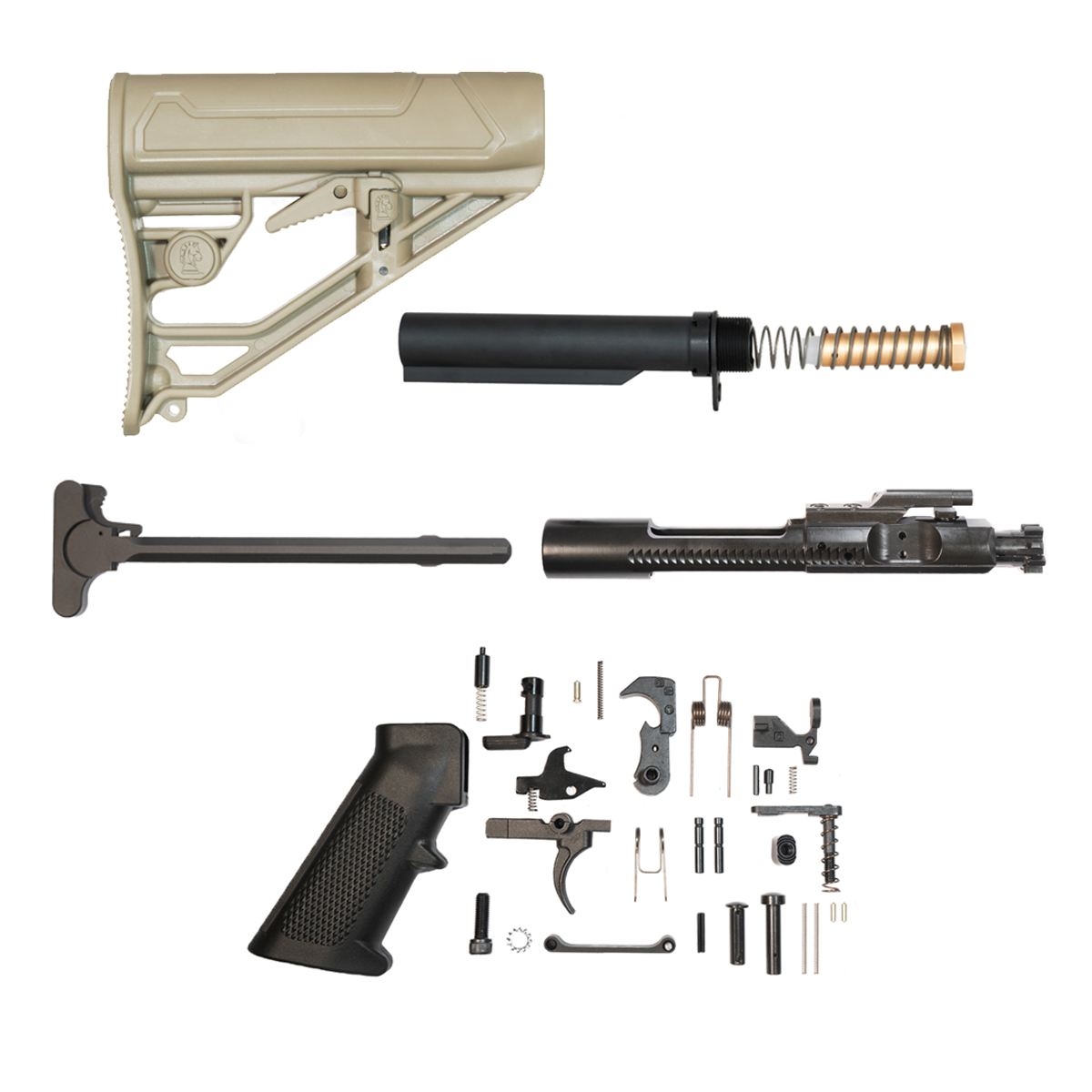  Finish Your Rifle Build Kit: AR-15 Mil-Spec Lower Parts Kit with a USA-Made BCG, Charging Handle & Adaptive Tactical FDE Lite Stock