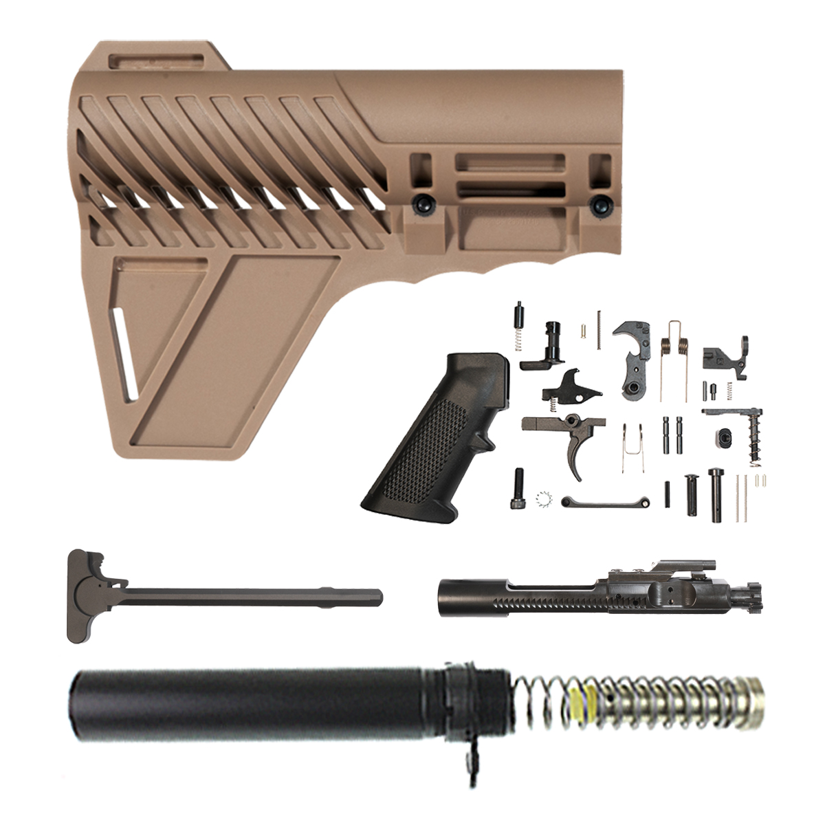  Gauntlet Arms Polymer Stabilizing FDE Brace, Mil-Spec Lower Parts Kit, BCG, Charging Handle, Pistol Buffer Tube Kit, 3 oz Carbine Buffer
