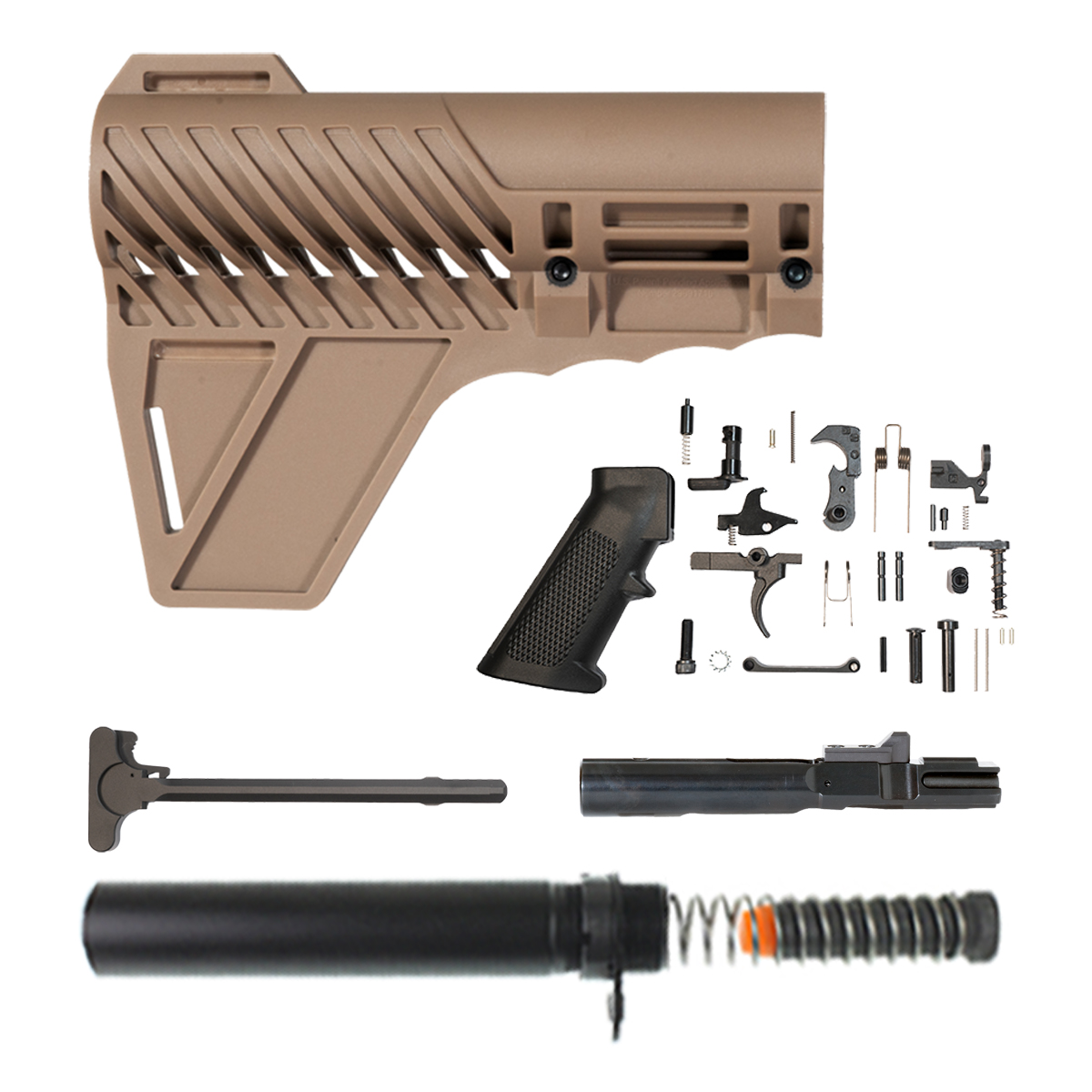  Gauntlet Arms Polymer Stabilizing FDE Brace, Mil-Spec Lower Parts Kit, 9mm BCG, Charging Handle, Pistol Buffer Tube Kit, 5.5 oz 9mm Buffer