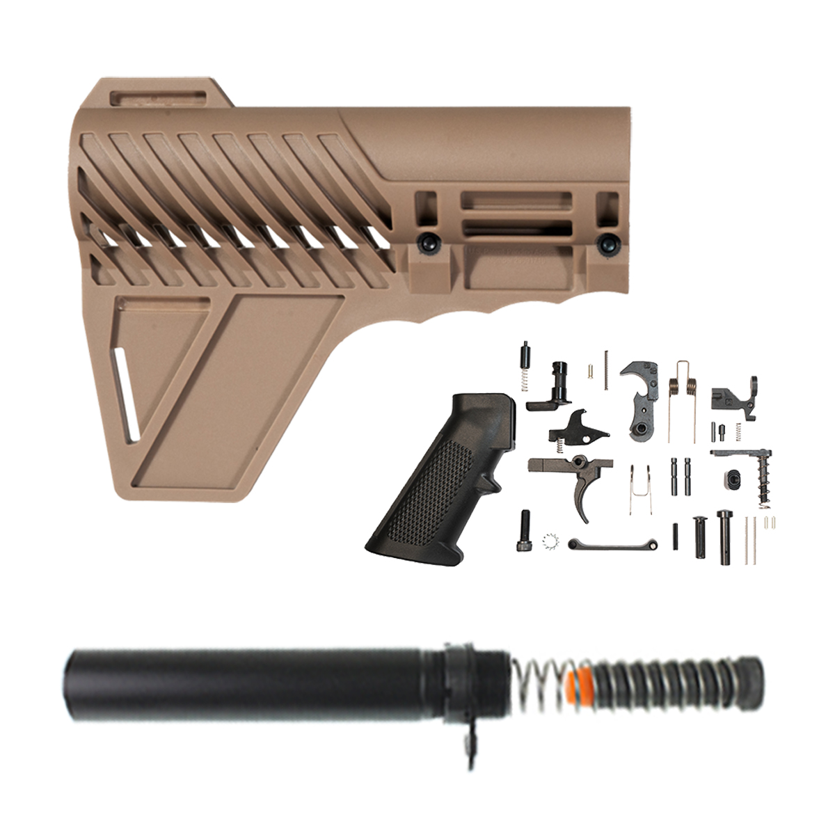  Gauntlet Arms Polymer Stabilizing FDE Brace, Mil-Spec Lower Parts Kit, Pistol Buffer Tube Kit, 5.5 oz 9mm Buffer