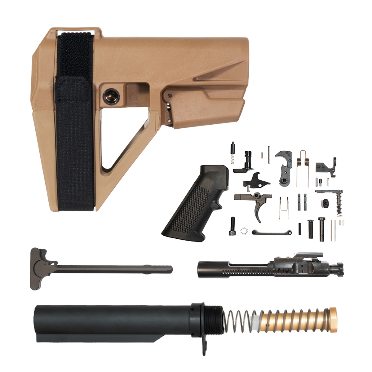  SB Tactical SBA5 Adjustable Pistol Stabilizing FDE Brace, Mil-Spec Lower Parts Kit, BCG, Charging Handle, Carbine Buffer Tube Kit, 3 oz Carbine Buffer