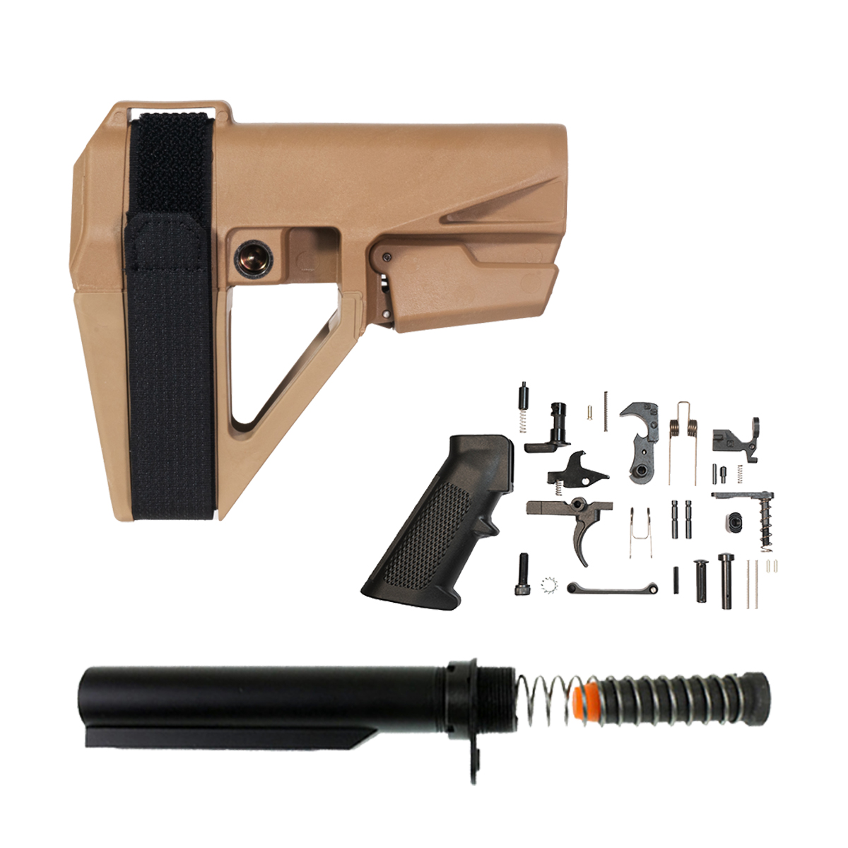  SB Tactical SBA5 Adjustable Pistol Stabilizing FDE Brace, Mil-Spec Lower Parts Kit, Carbine Buffer Tube Kit, 5.5 oz 9mm Buffer