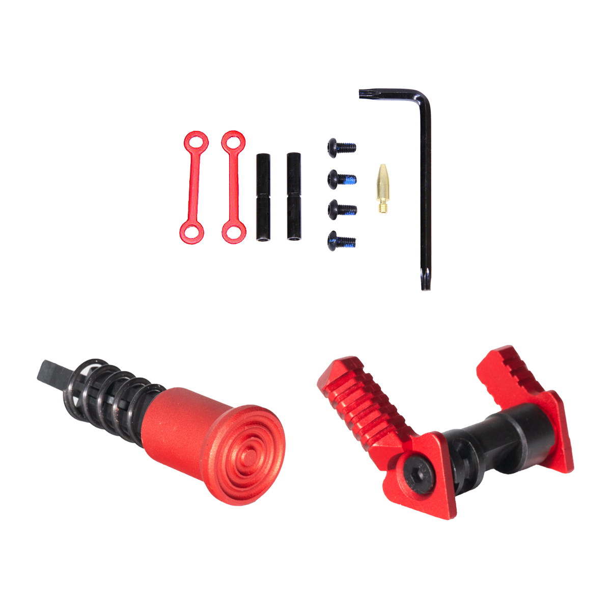  Aluminum Red Forward Assist, Red Ambi Safety Selector, Anti-Walk/Anti-Rotation Trigger Pins Anodized Red