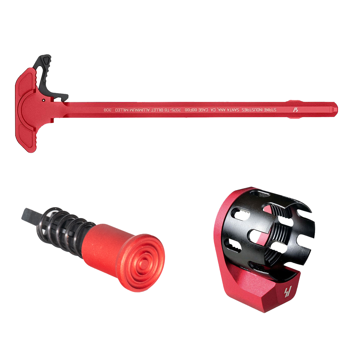  Aluminum Red Forward Assist, Strike Industries AR-10 Red Charging Handle with Extended Latch, Strike Industries AR Receiver Enhanced Castle Nut with Extended QD Endplate in Red