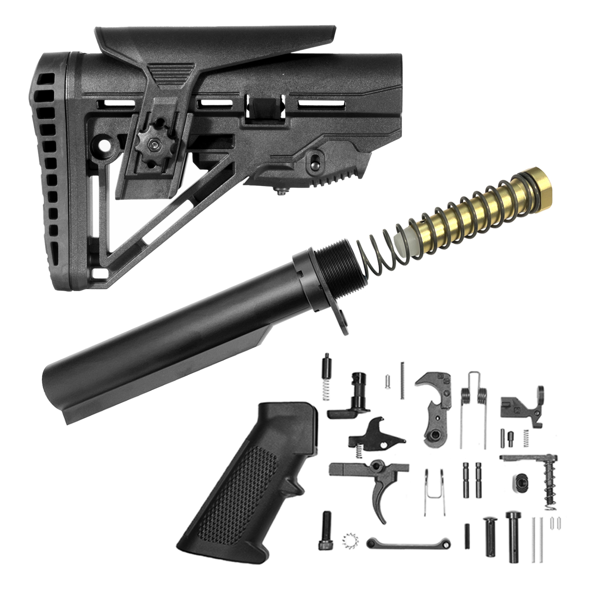 Finish Your Lower Kit (Carbine): Mil-Spec Enhanced Stock + AR-15 Carbine Buffer Tube Kit + Complete Lower Parts Kit