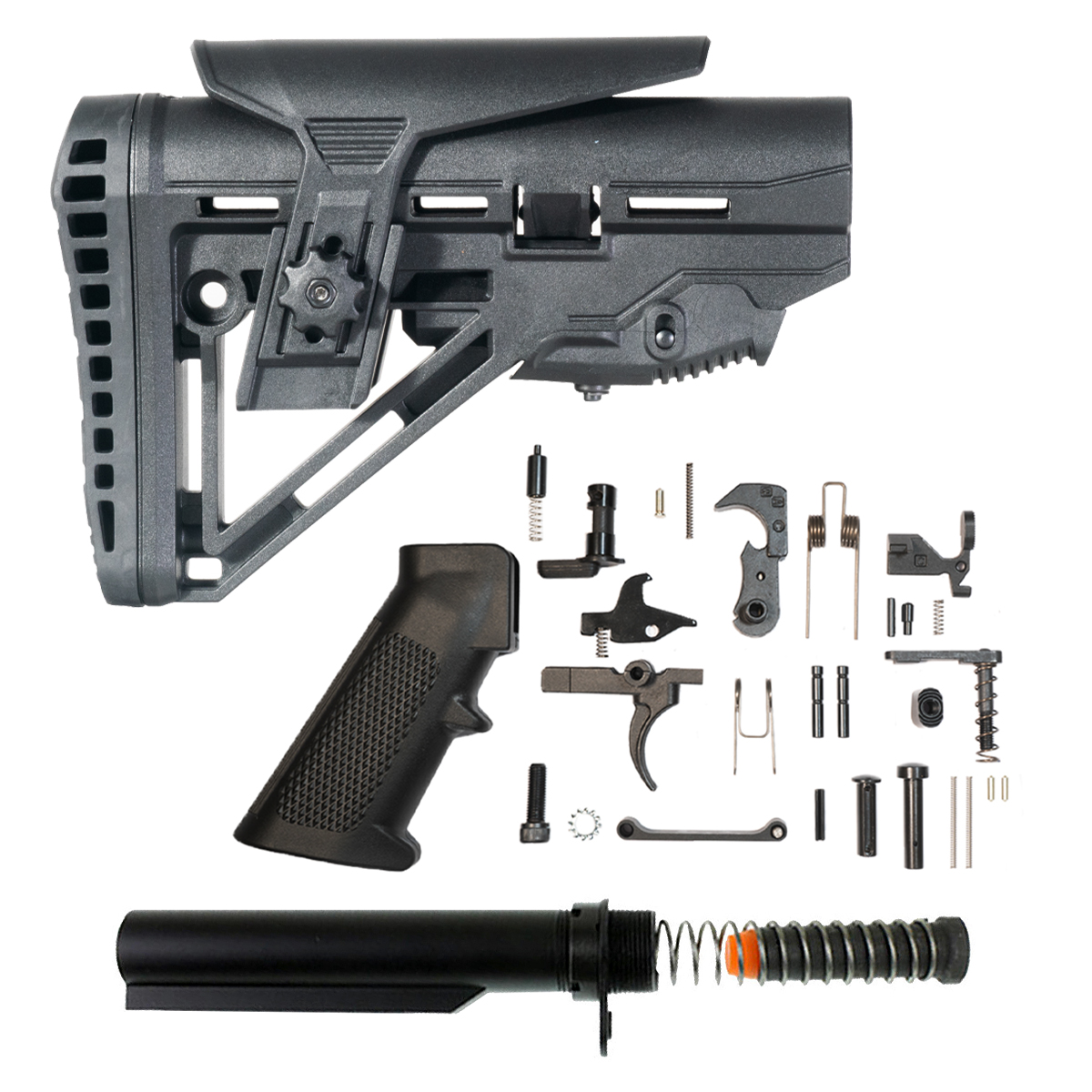  AR-15 Mil-Spec Stock and Buffer Tube Bundle with Complete Lower Parts Kit, 6-Position Tube, 9mm 5.5 oz Carbine Buffer, Spring, End Plate and Castle Nut