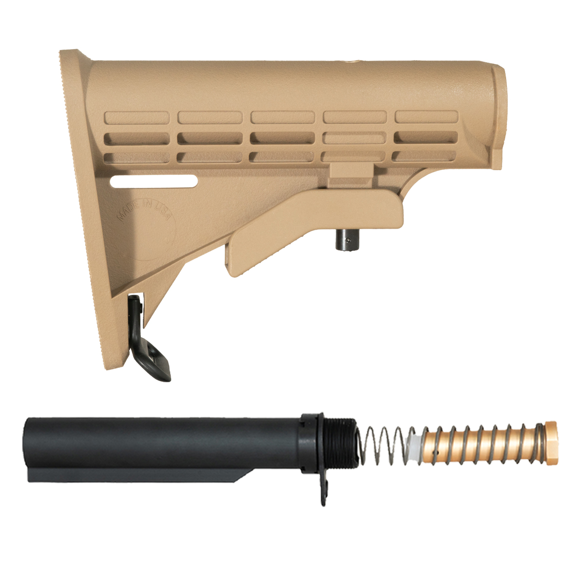 FDE M4-Style Adjustable AR-15 Carbine Stock Kit with 6-Position Buffer Tube, 3 oz. Buffer, Recoil Spring, End Plate & Castle Nut