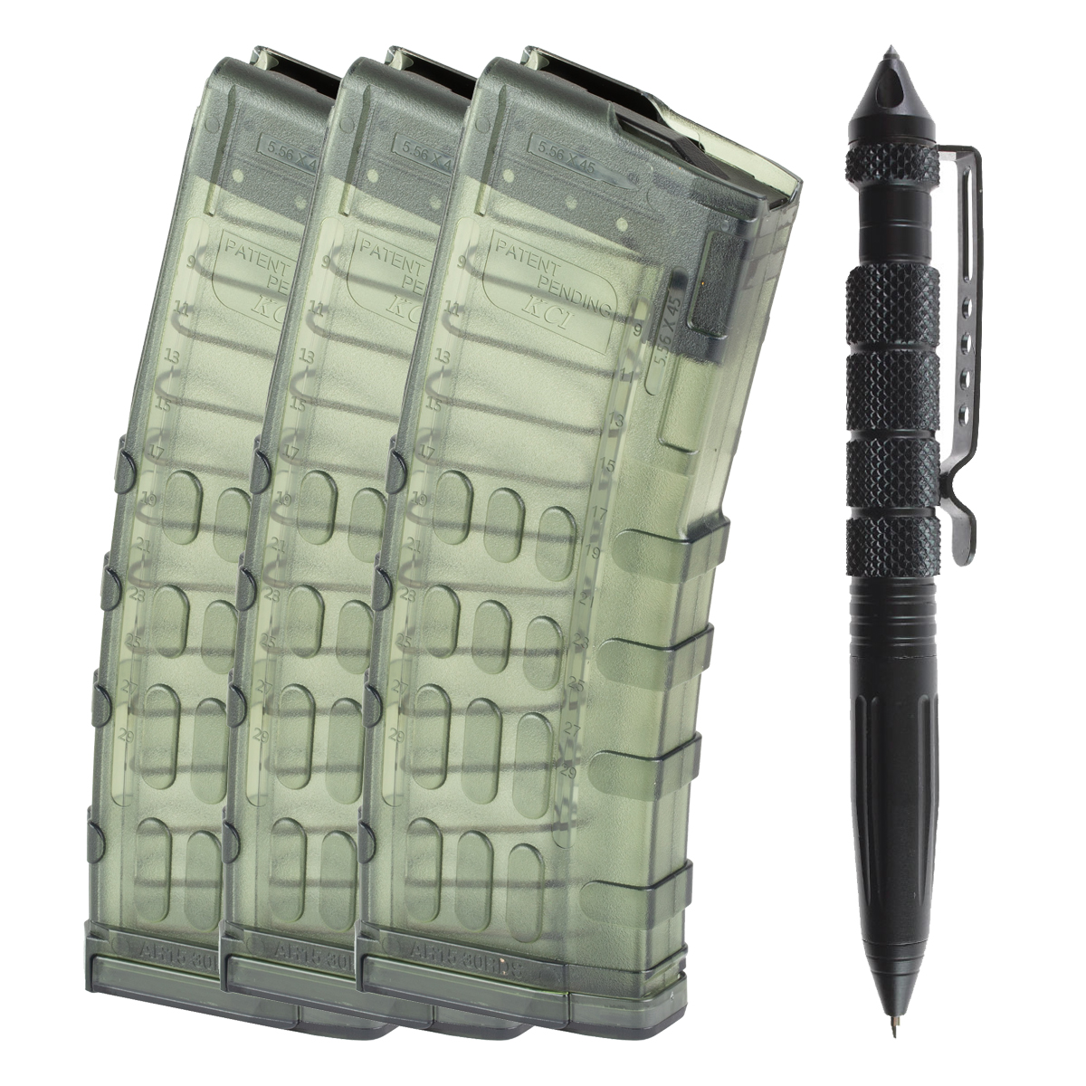 Range Bundle, Tactical Pen w/ Glass Breaker & KCI USA AR-15 30-Round Polycarbonate Magazine 3-Pack