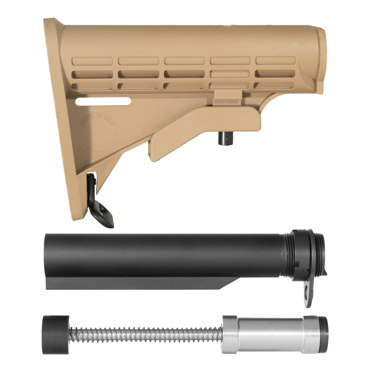FDE M4-Style Adjustable AR-15 Carbine Stock Kit with 6-Position Buffer Tube, Armaspec H3 Sound Mitigation Buffer, End Plate & Castle Nut