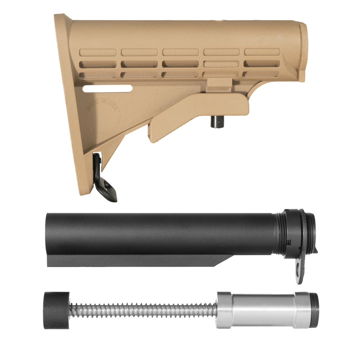Davidson Defense AR-15 Mil-Spec 6-Position Adjustable FDE Buttstock Kit, Gen3 H3 Sound Mitigation Buffer, Buffer Tube, End Plate & Castle Nut