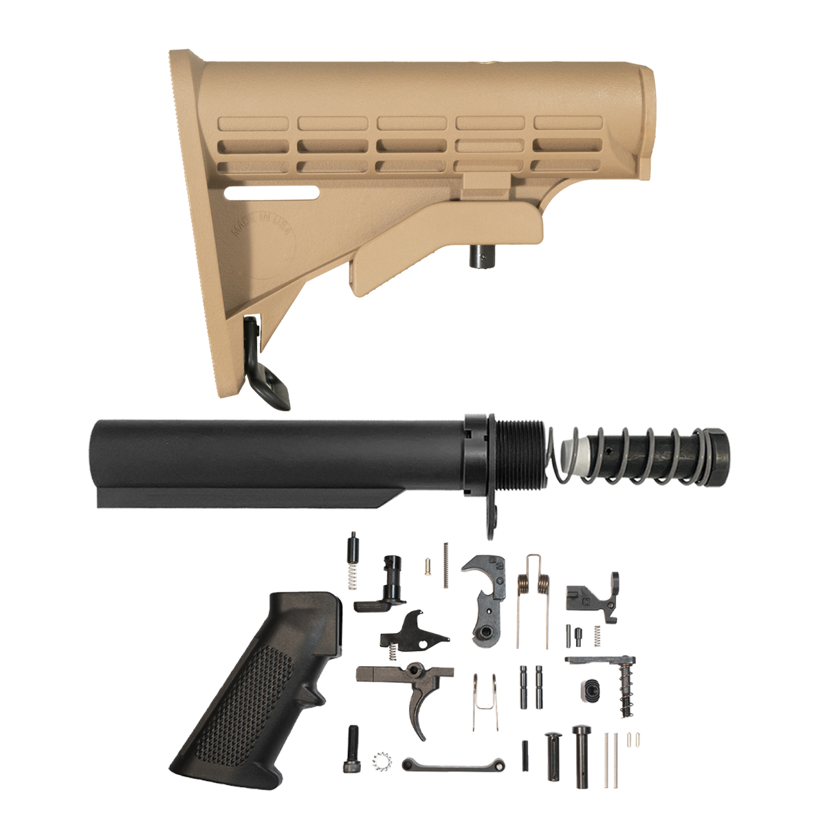 FDE M4-Style Adjustable LR-308 Carbine Stock Kit with 6-Position Buffer Tube, 3.76 oz. Buffer, Extra Power Spring, End Plate, Castle Nut & AR-10 Lower Parts Kit