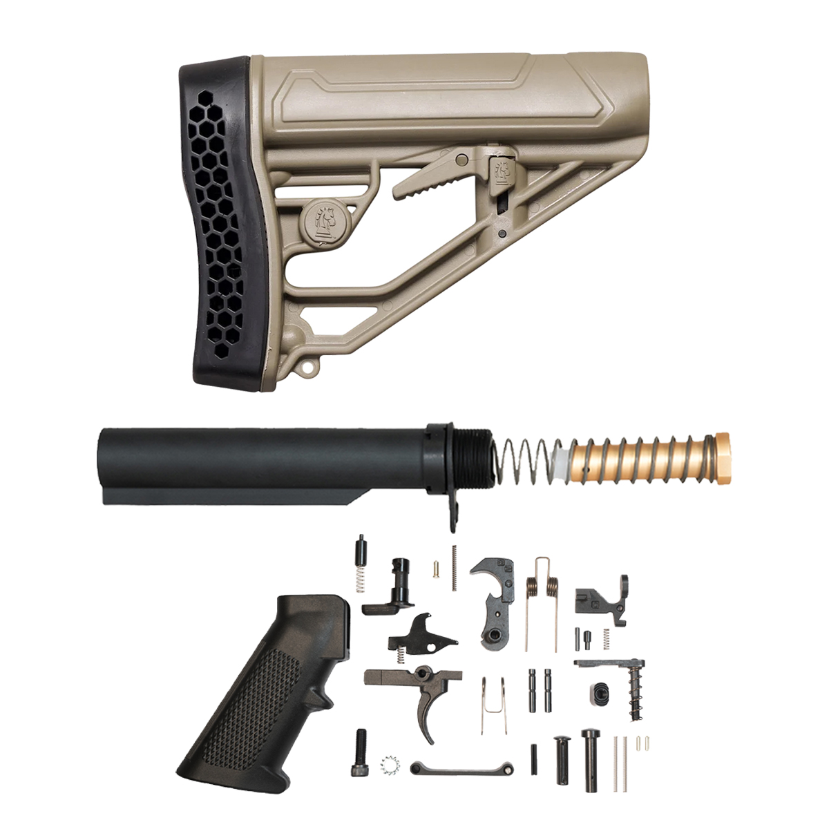 Adaptive Tactical EX Performance FDE Adjustable Stock Kit with 6-Position Mil-Spec Buffer Tube, 3 oz. Carbine Buffer, Spring, End Plate, Castle Nut & 31-Piece AR-15 Lower Parts Kit