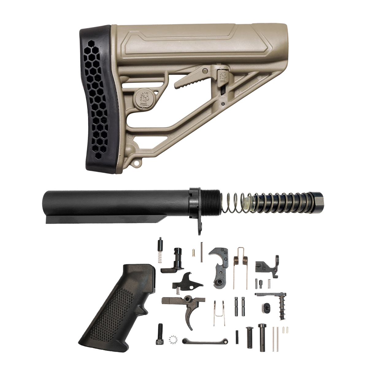 Adaptive Tactical EX Performance FDE 9mm AR-15 Carbine Stock Kit with 6-Position Mil-Spec Buffer Tube, 5.7 oz. Steel Buffer, Spring, End Plate, Castle Nut & 31-Piece Lower Parts Kit