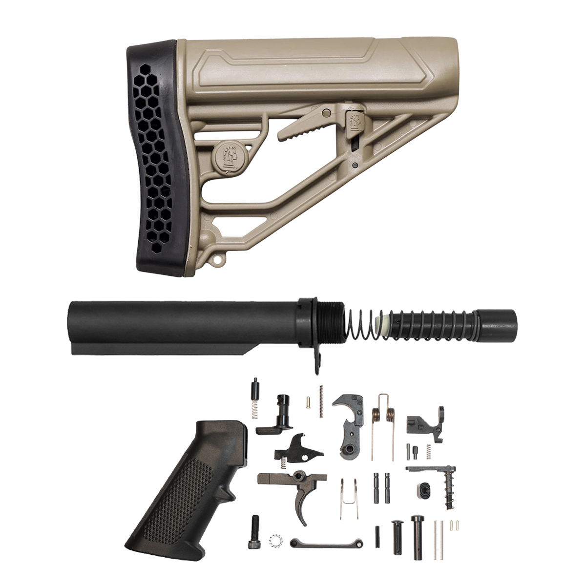 Adaptive Tactical EX Performance FDE 9mm/.45 ACP/10mm Stock Kit with 6-Position Mil-Spec Buffer Tube, 8 oz. Stainless Steel Long Buffer, Spring, End Plate, Castle Nut & 31-Piece AR-15 Lower Parts Kit