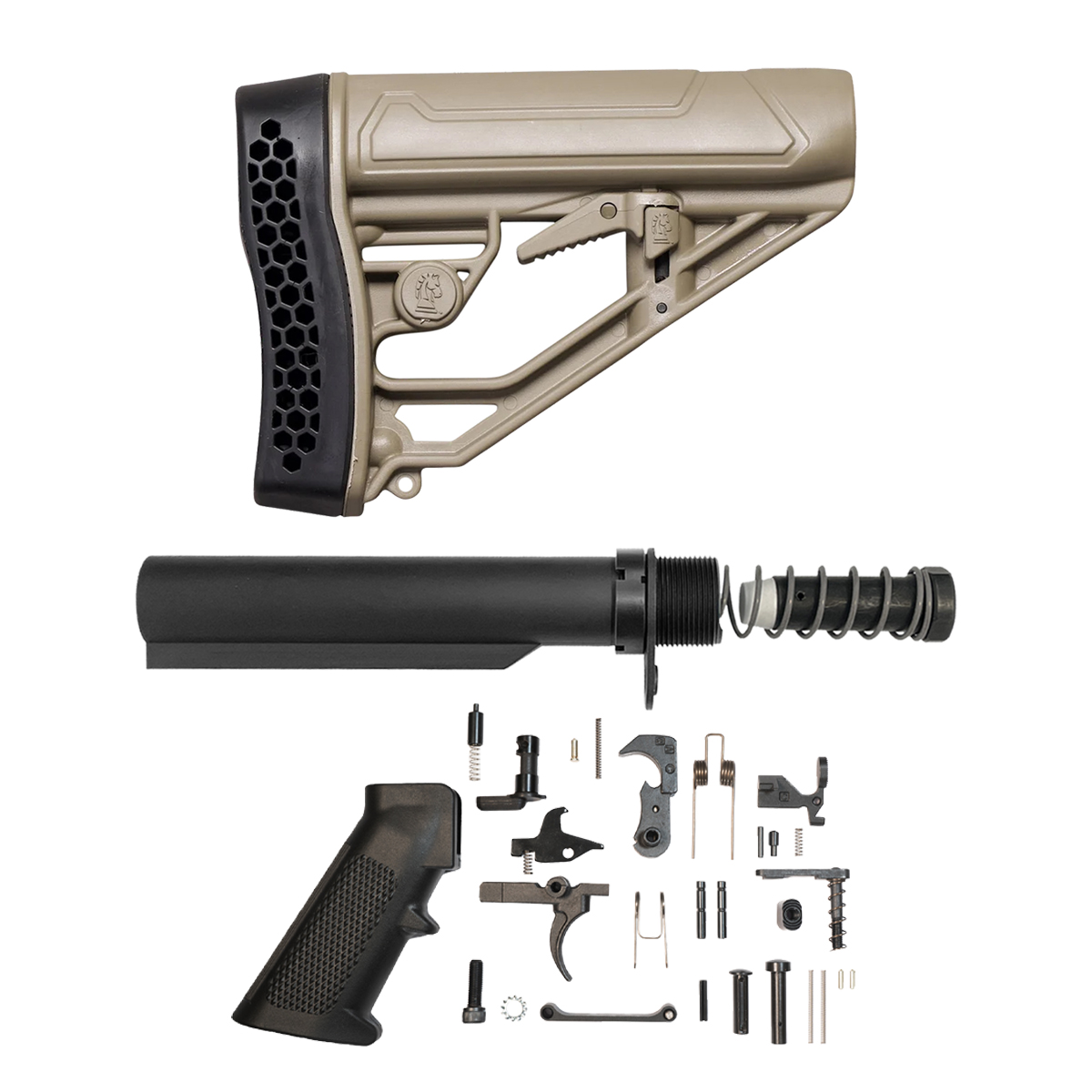 Adaptive Tactical EX Performance FDE LR-308 / AR-10 Adjustable Stock Kit with Mil-Spec 6-Position Buffer Tube, 3.76 oz. Buffer, Extra-Power Spring & .308 Lower Parts Kit