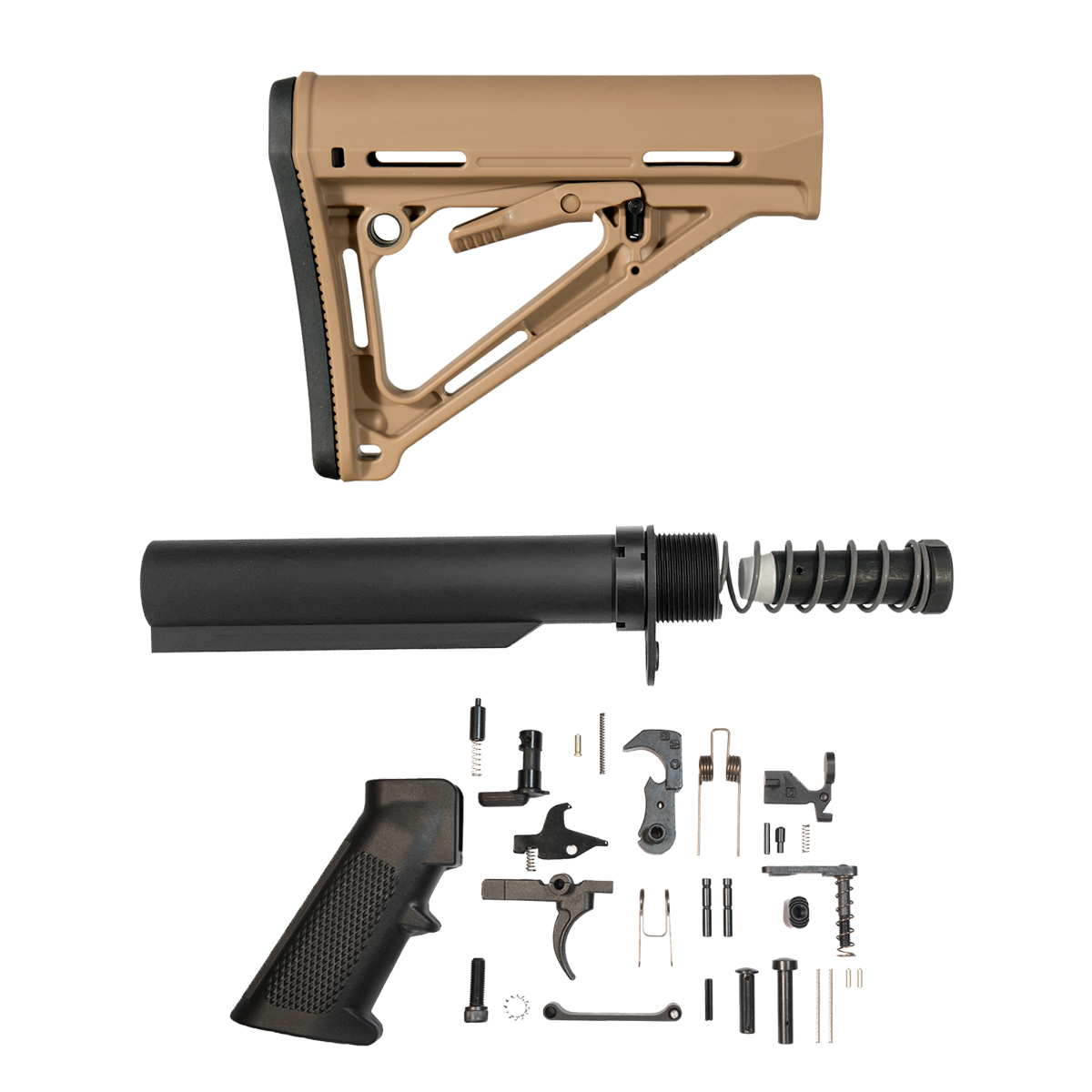 AR-10 / LR-308 Tan Adjustable Stock Bundle with .308 Lower Parts Kit, 6-Position Buffer Tube, 3.76 oz Buffer, Extra Power Spring, End Plate & Castle Nut