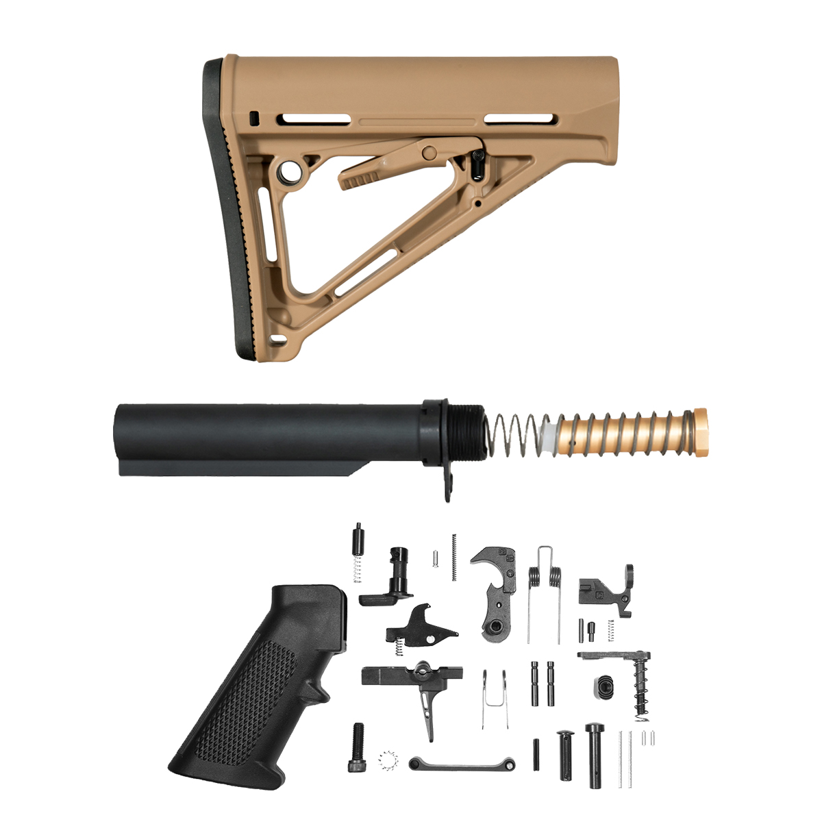 AR-15 Tan Adjustable Stock Bundle with Straight Trigger Shoe Gen 2 Match Grade 31-Piece LPK, 6-Position Buffer Tube, 3 oz Buffer, Recoil Spring, End Plate & Castle Nut