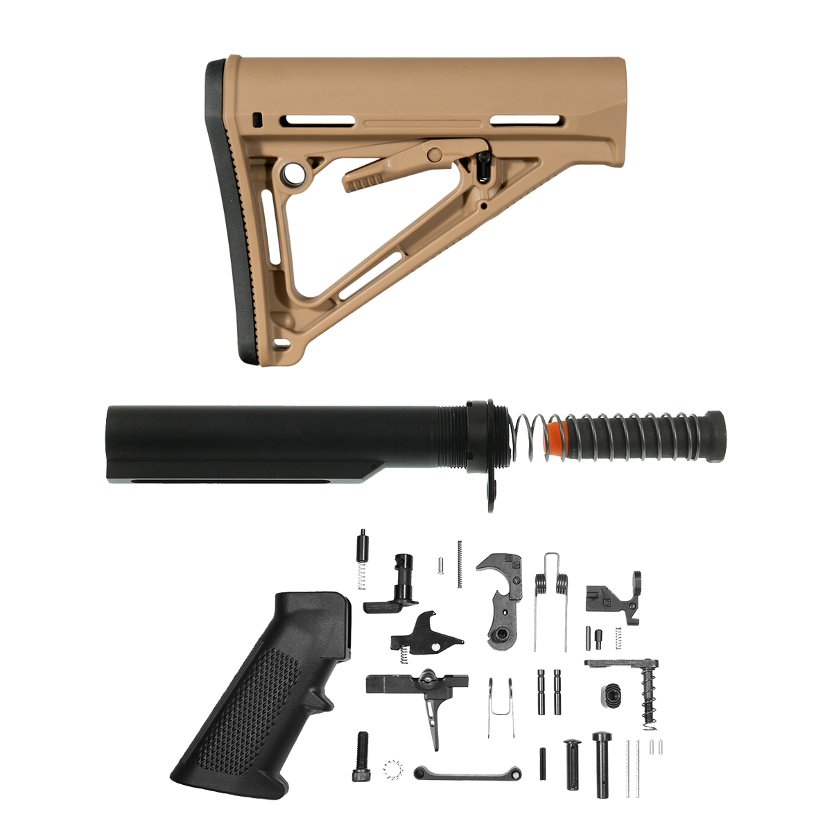AR-15 9mm Tan Adjustable Stock Bundle with Gen 2 Straight Trigger Shoe Match Grade 31-Piece LPK, 6-Position Buffer Tube, 9mm Carbine Buffer, Recoil Spring, End Plate & Castle Nut