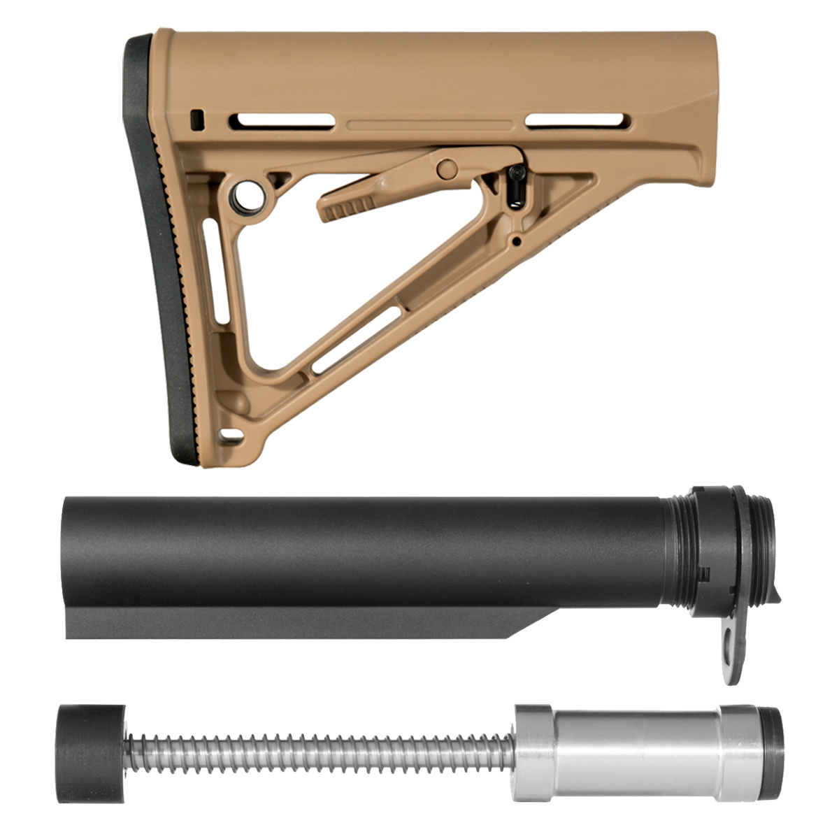 AR-15 Tan Adjustable Stock Bundle with H3 Gen 3 Sound Mitigation Buffer System, 6-Position Carbine Tube, Castle Nut & End Plate