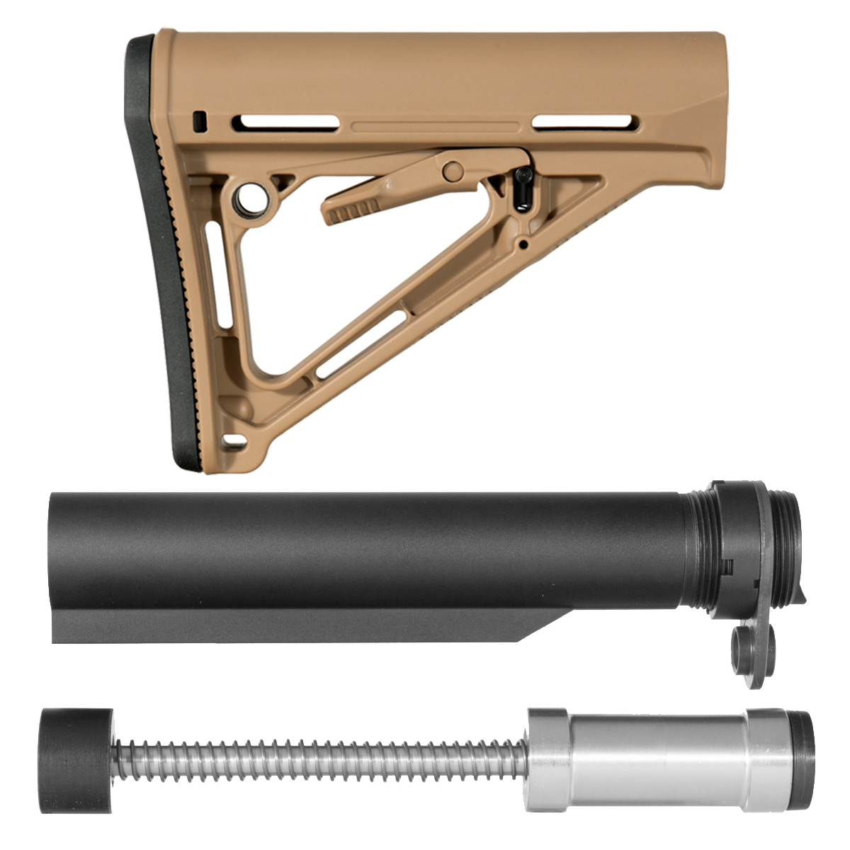 AR-15 Tan Adjustable Stock Bundle with H3 Gen 3 Sound Mitigation Buffer, 6-Position Carbine Tube, Castle Nut & QD End Plate