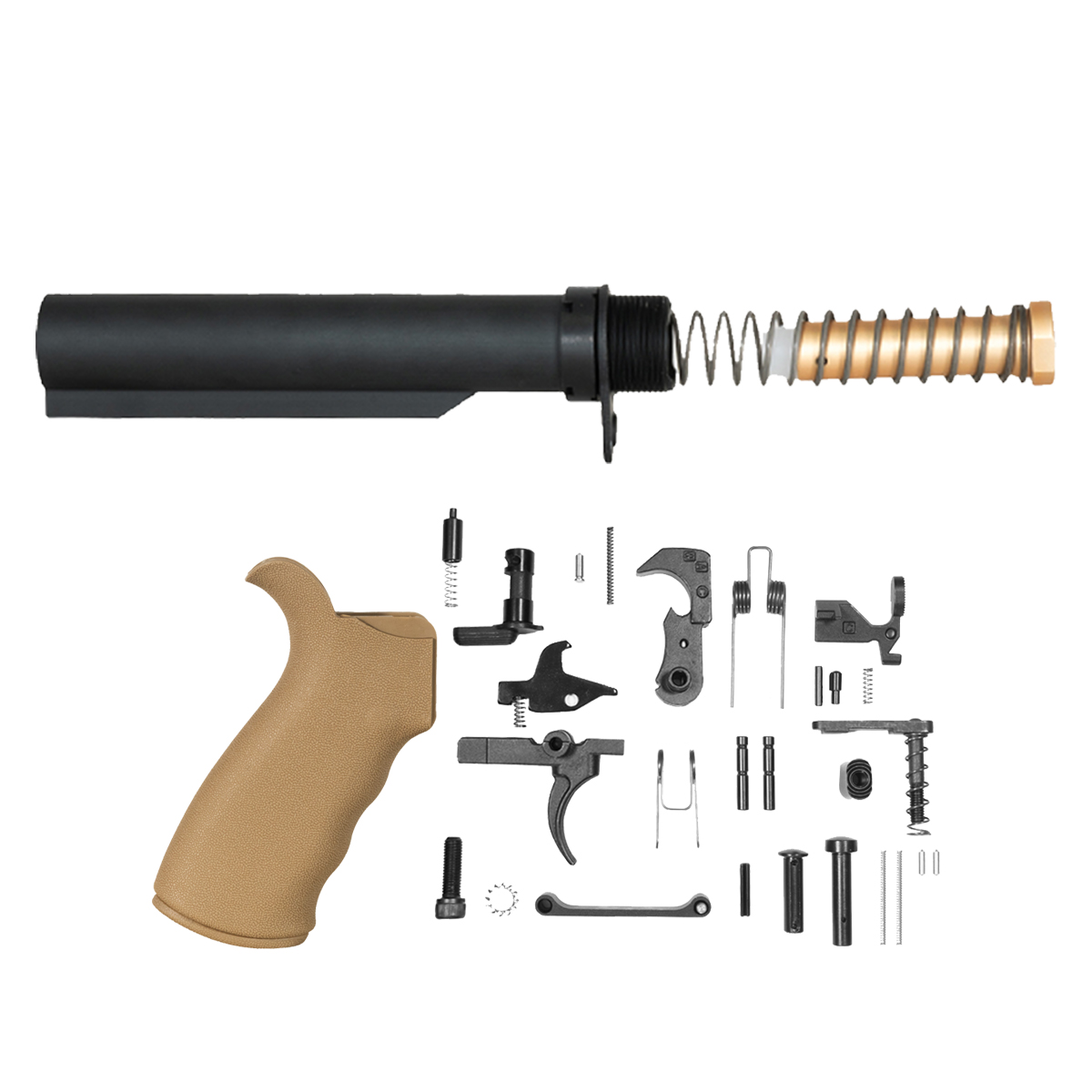 AR-15 Tan Rubberized Beavertail Grip Bundle with 30-Piece Mil-Spec LPK, 6-Position Buffer Tube, 3 oz Buffer, Recoil Spring, End Plate & Castle Nut