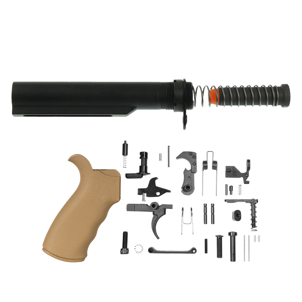AR-15 9mm Tan Rubberized Beavertail Grip Bundle with 30-Piece Mil-Spec LPK, 6-Position Buffer Tube, 9mm Carbine Buffer, Recoil Spring, End Plate & Castle Nut